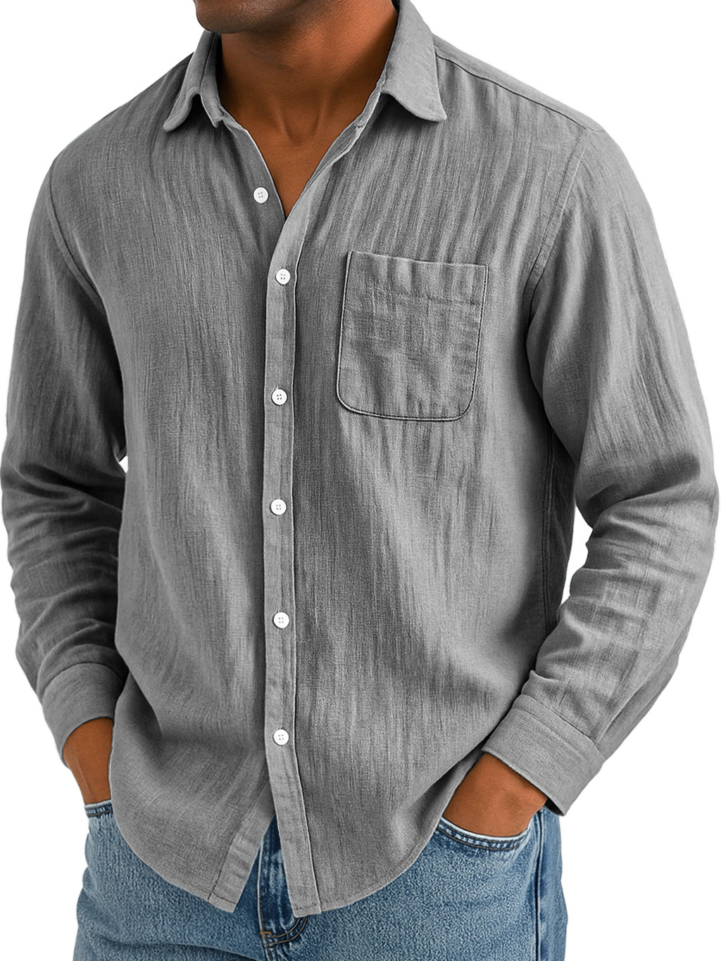 Men's Daily Casual Cotton And Linen Pocket Comfortable Long-sleeved Shirt