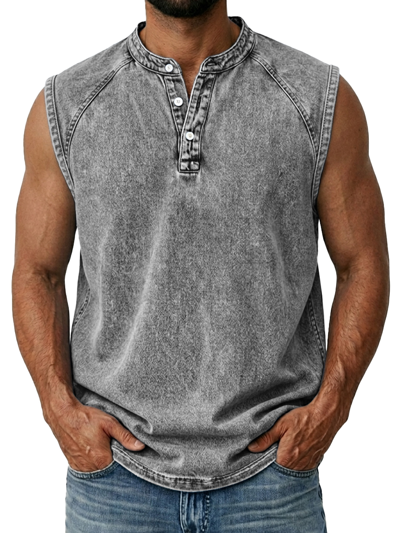 Men's Retro Raglan Collar Button Casual Sleeveless Henley Shirt