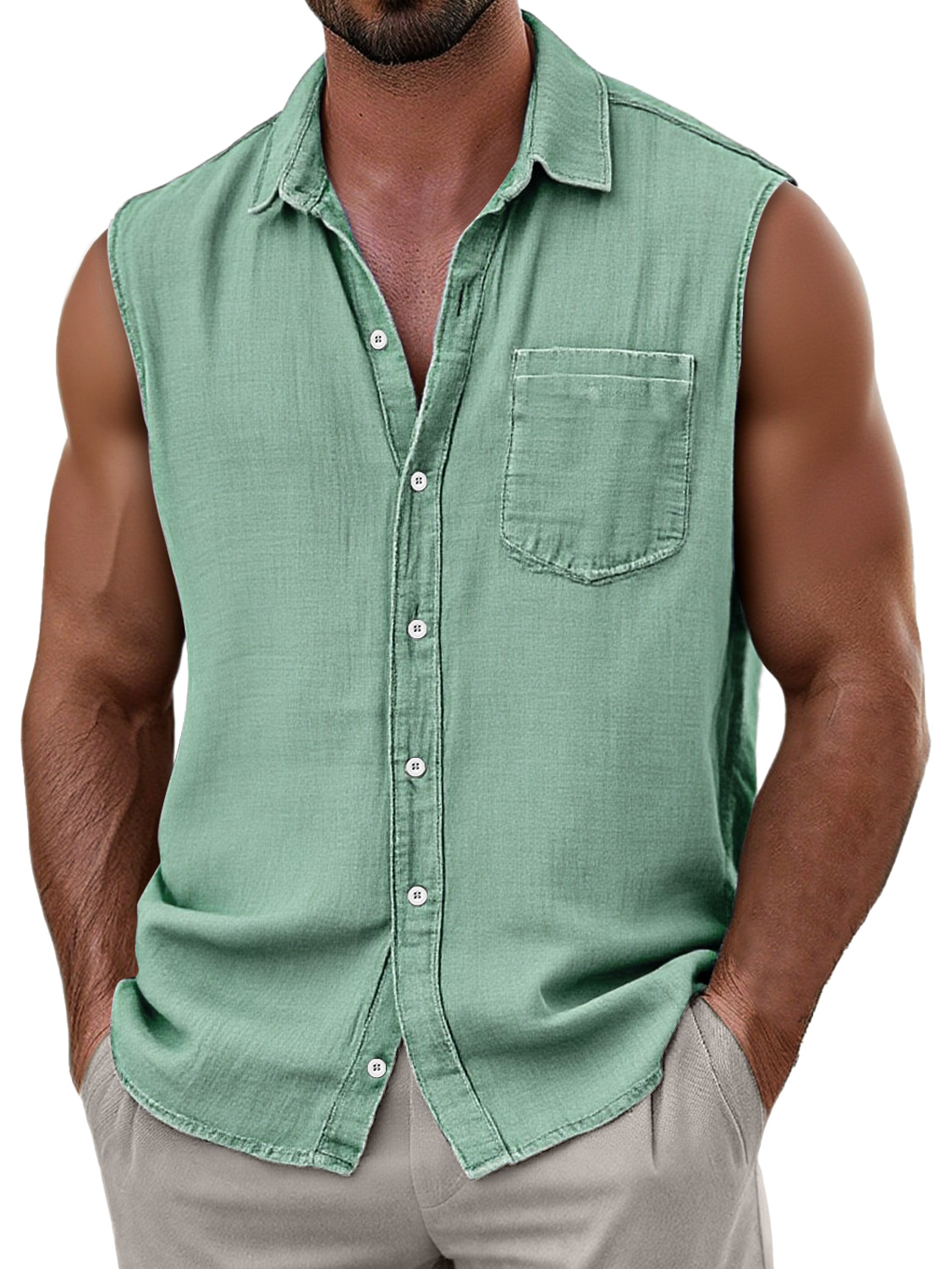 Men's Daily Faux Linen Casual Pocket Comfort Sleeveless Shirt