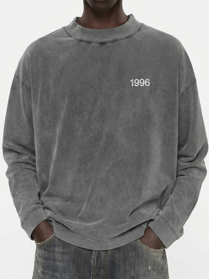 Men's 100% Cotton Vintage Washed and Distressed 1996 Crew Neck Long-Sleeved T-shirt