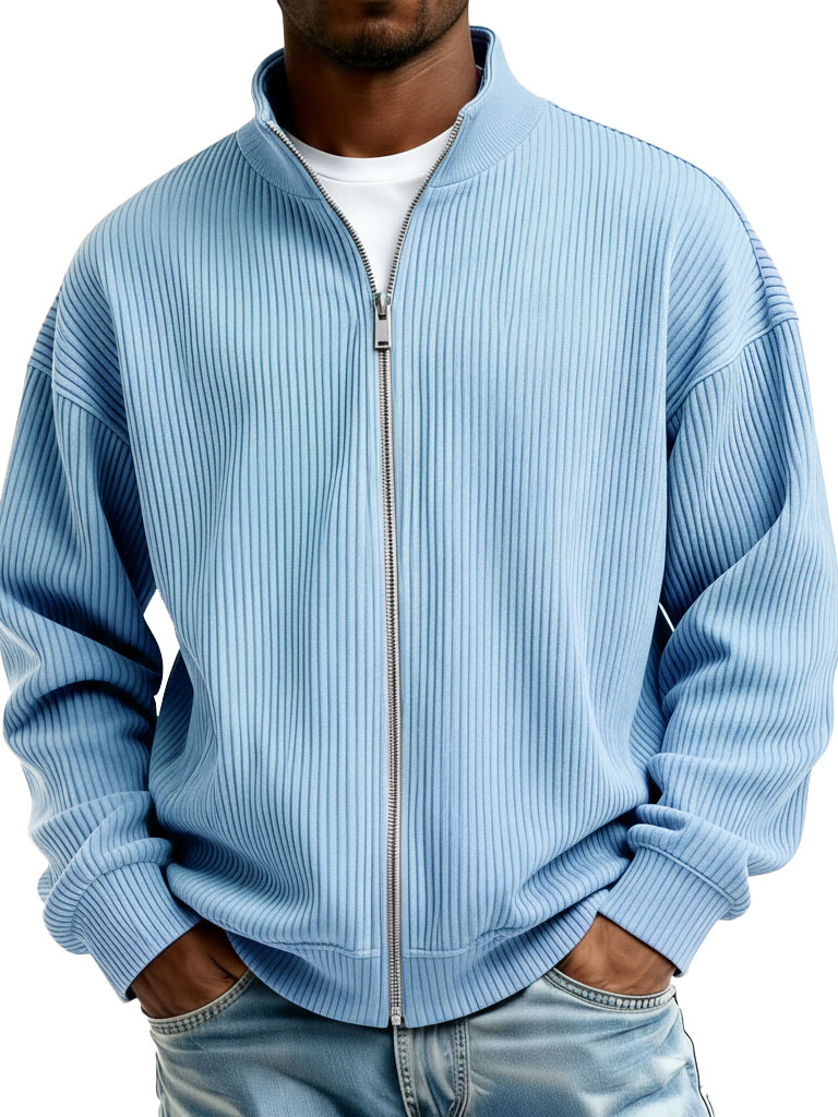 Men's Fashion Casual Stand Collar Ribbed Fabric Long-Sleeve Jacket