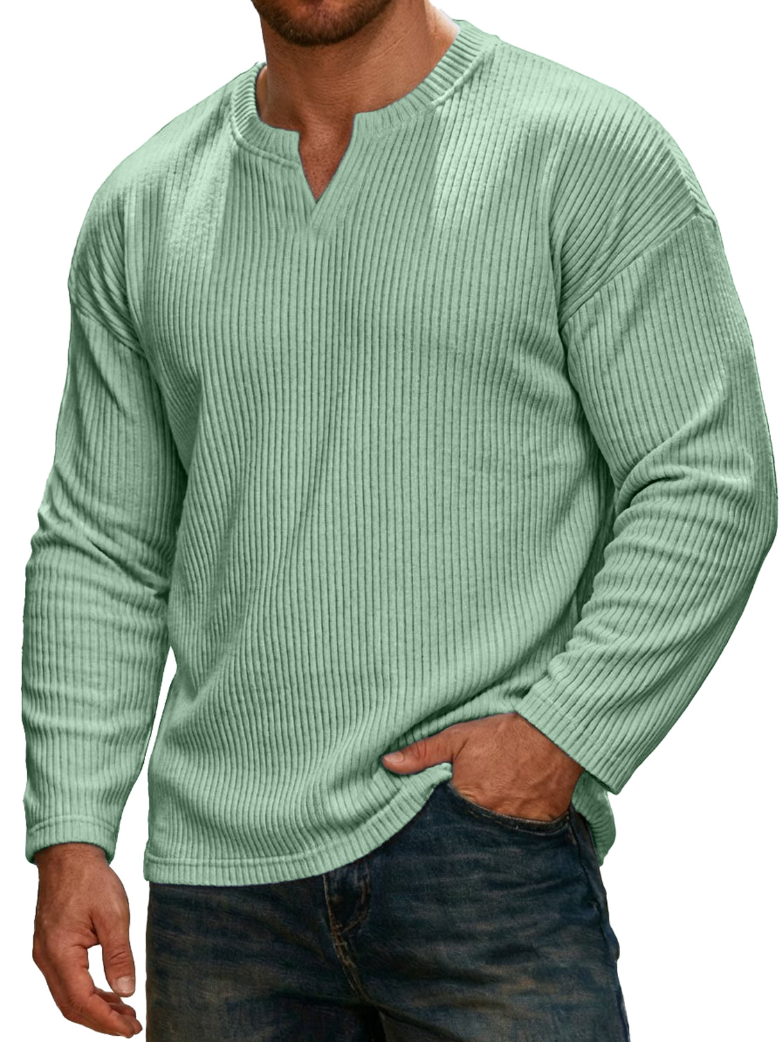 Men's Simple Ribbed V-neck Long-sleeved Casual T-shirt