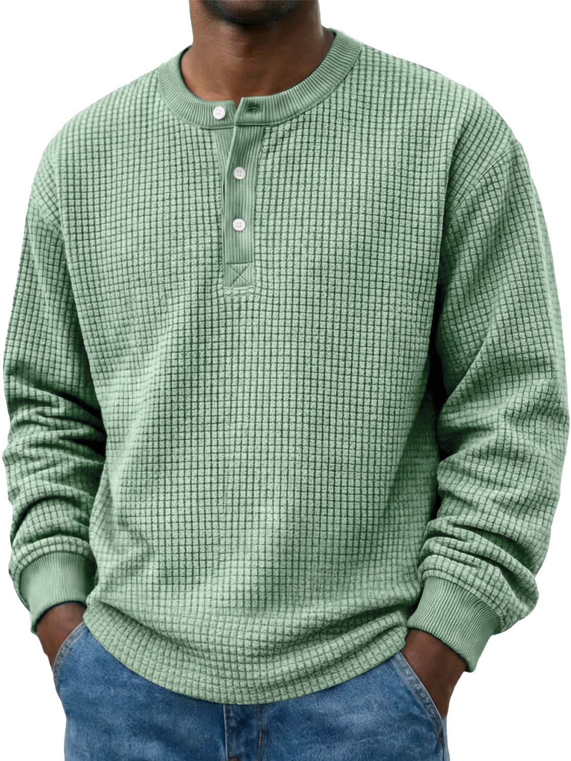 Men's Casual Corduroy Waffle-knit Solid Color Long-sleeved Henley Shirt