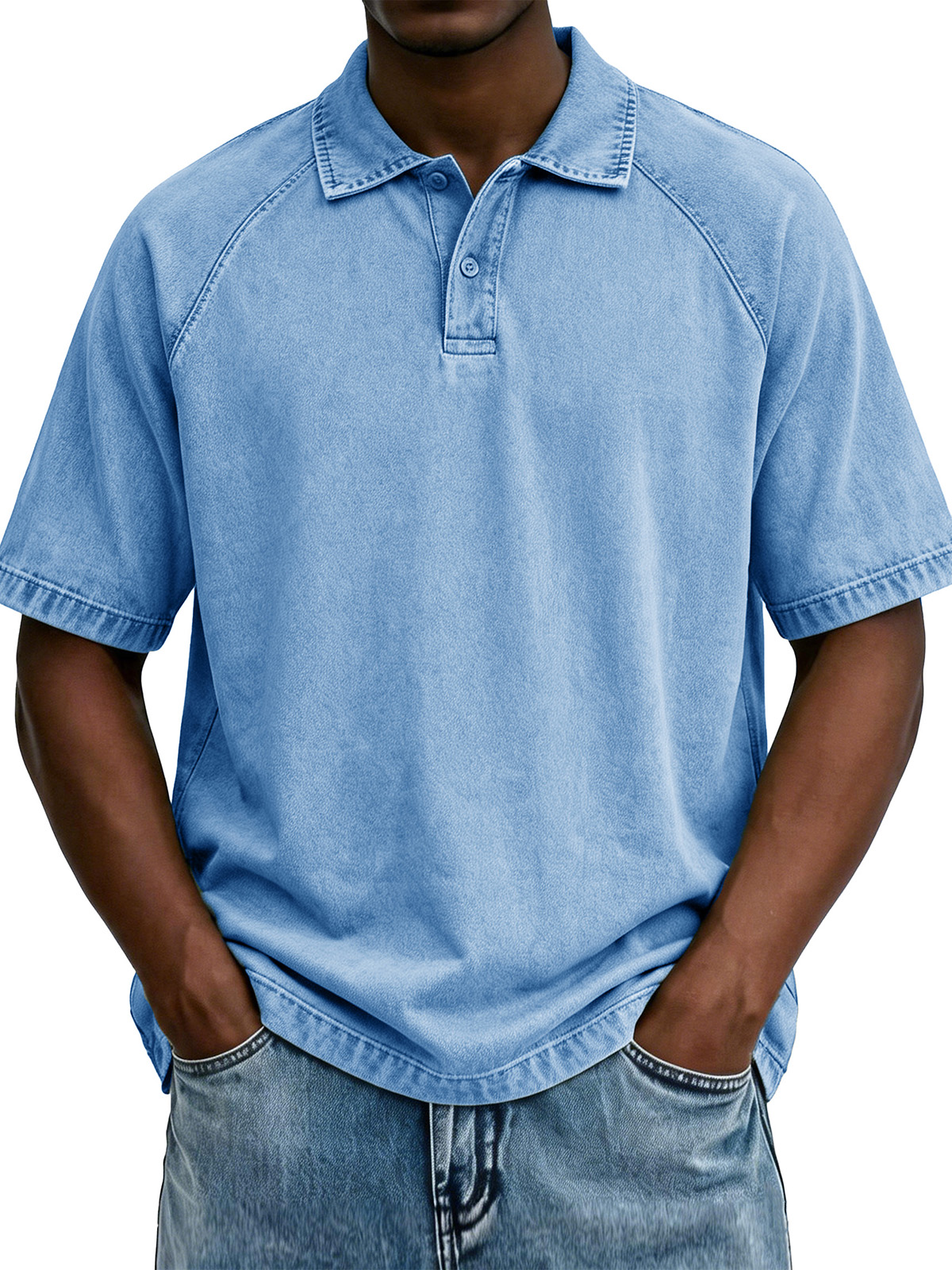 Men's Fashionable Raglan Distressed Collared Loose Short-Sleeve Polo Shirt