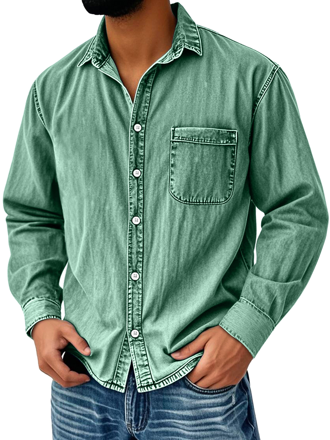 Men's Vintage Distressed Lapel Pocket Casual Long-sleeved Shirt