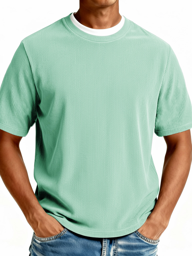 Men's Fashionable Casual Ribbed Fabric Faux Two-Piece Short-Sleeve Crew Neck T-Shirt
