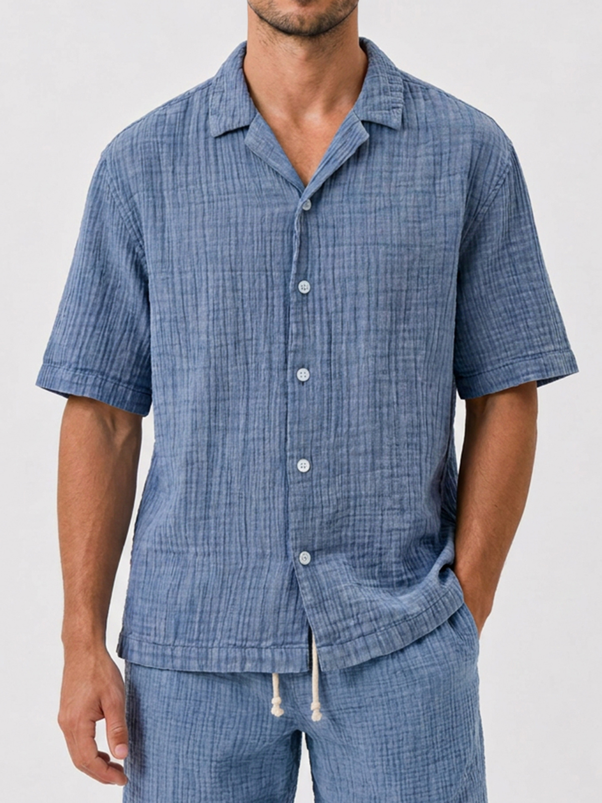 Men's Casual Loose Comfortable Textured Cuban Collar Short Sleeve Shirt