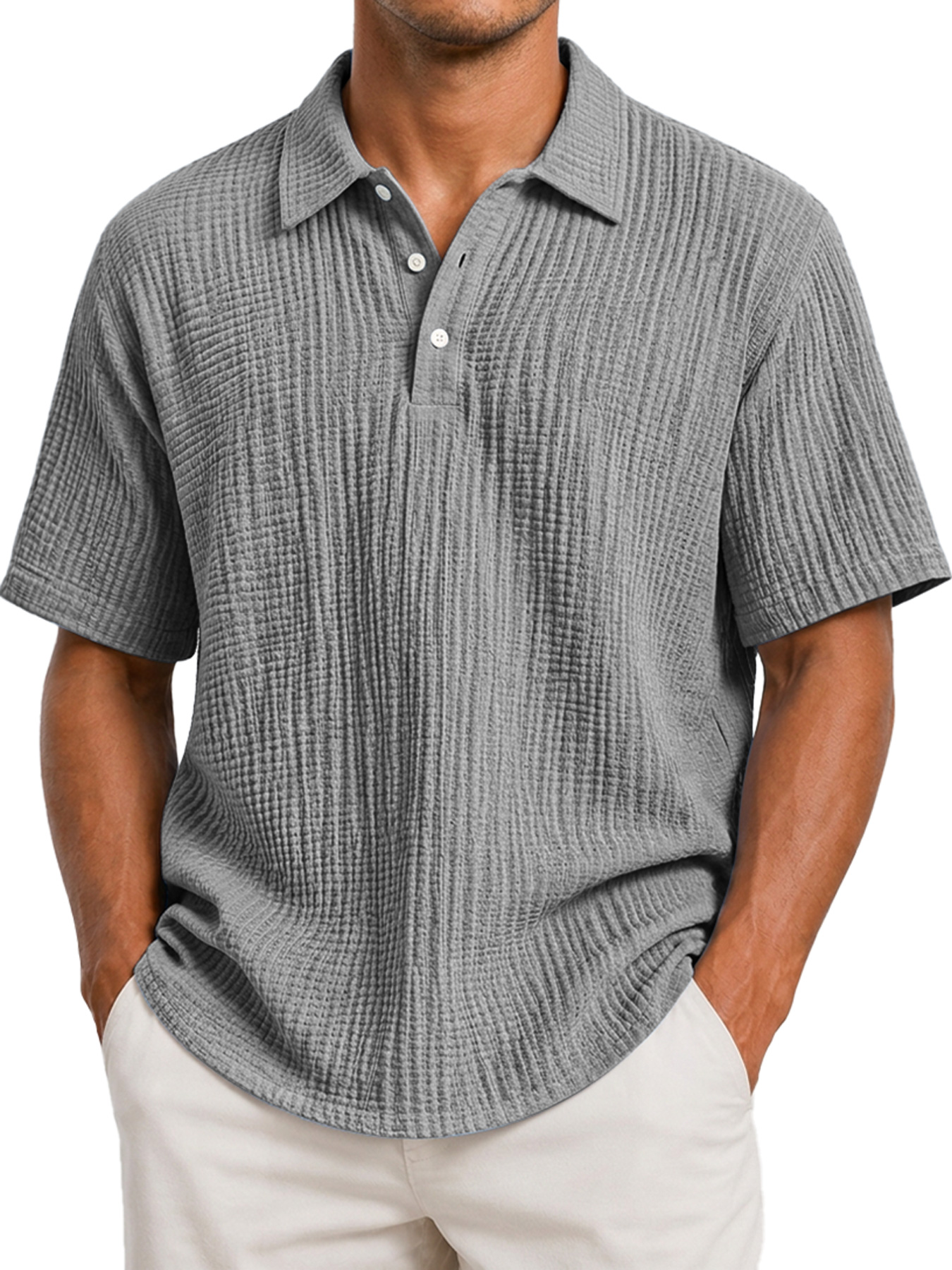 Men's Casual Short-Sleeve Polo Shirt with Pleated Collar and Button Placket