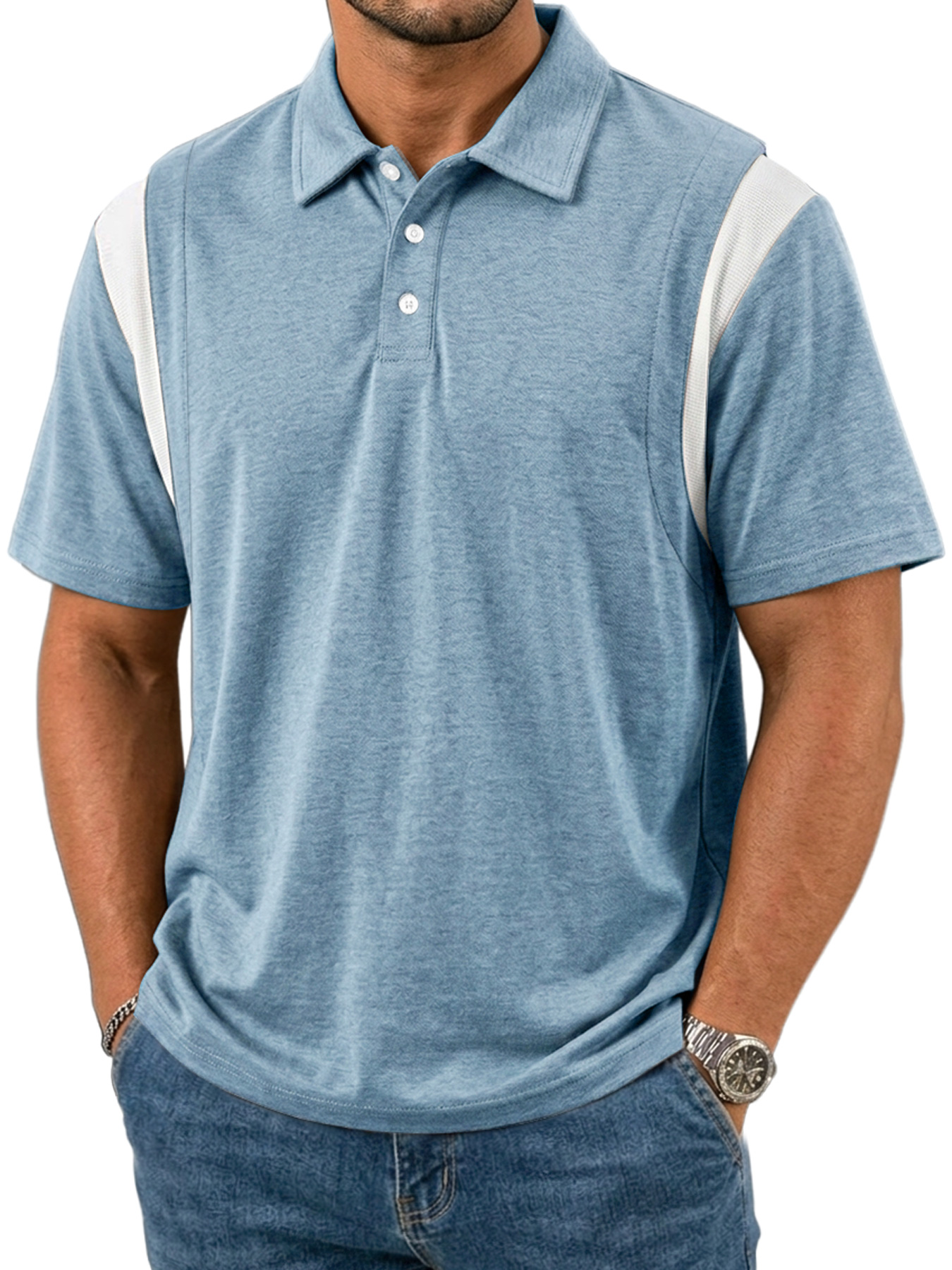 Men's Patchwork Design Collared Button Casual Short-sleeved Polo Shirt