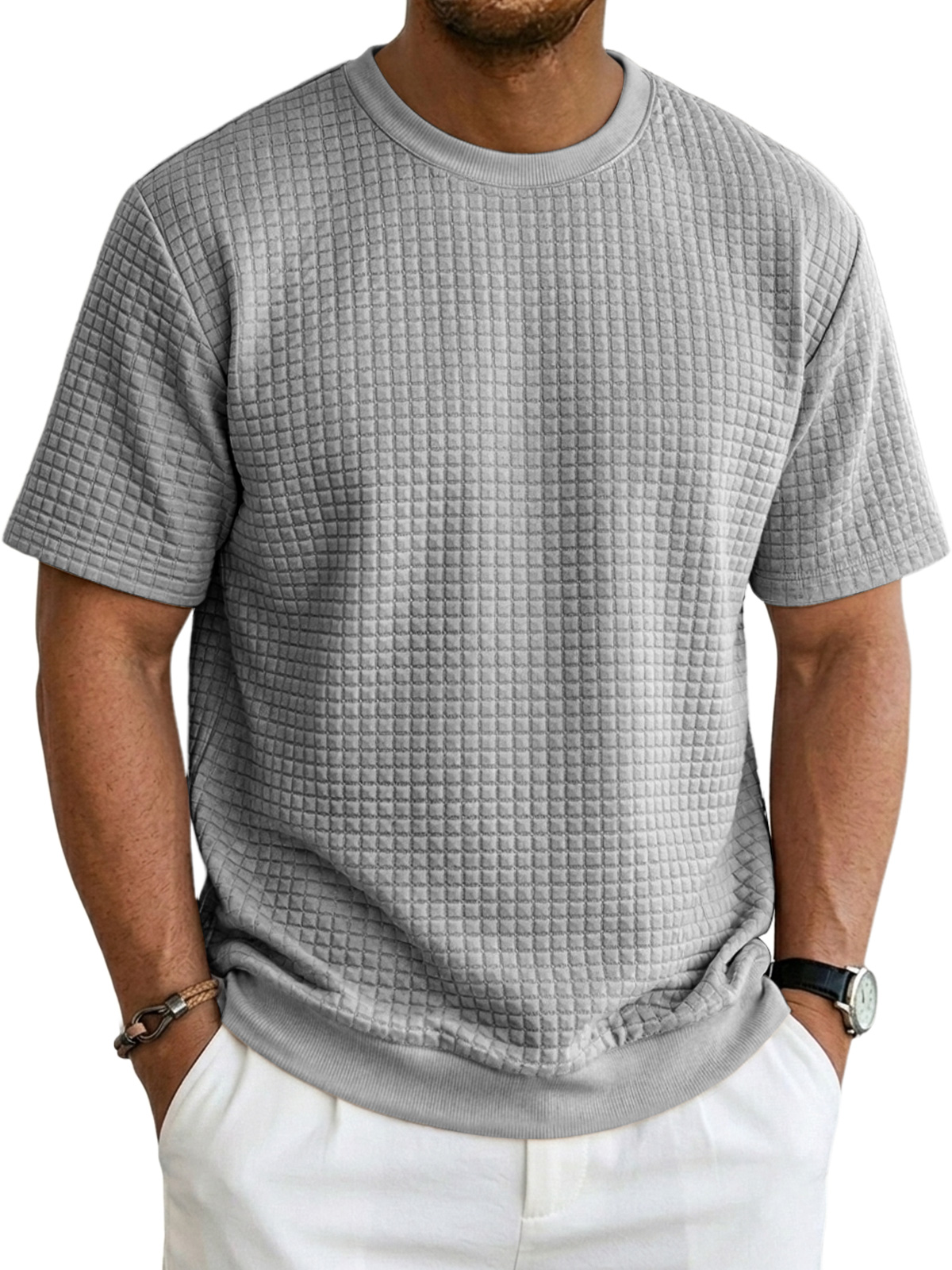 Men's Casual Waffle Knit Crew Neck Comfortable Short Sleeve T-Shirt