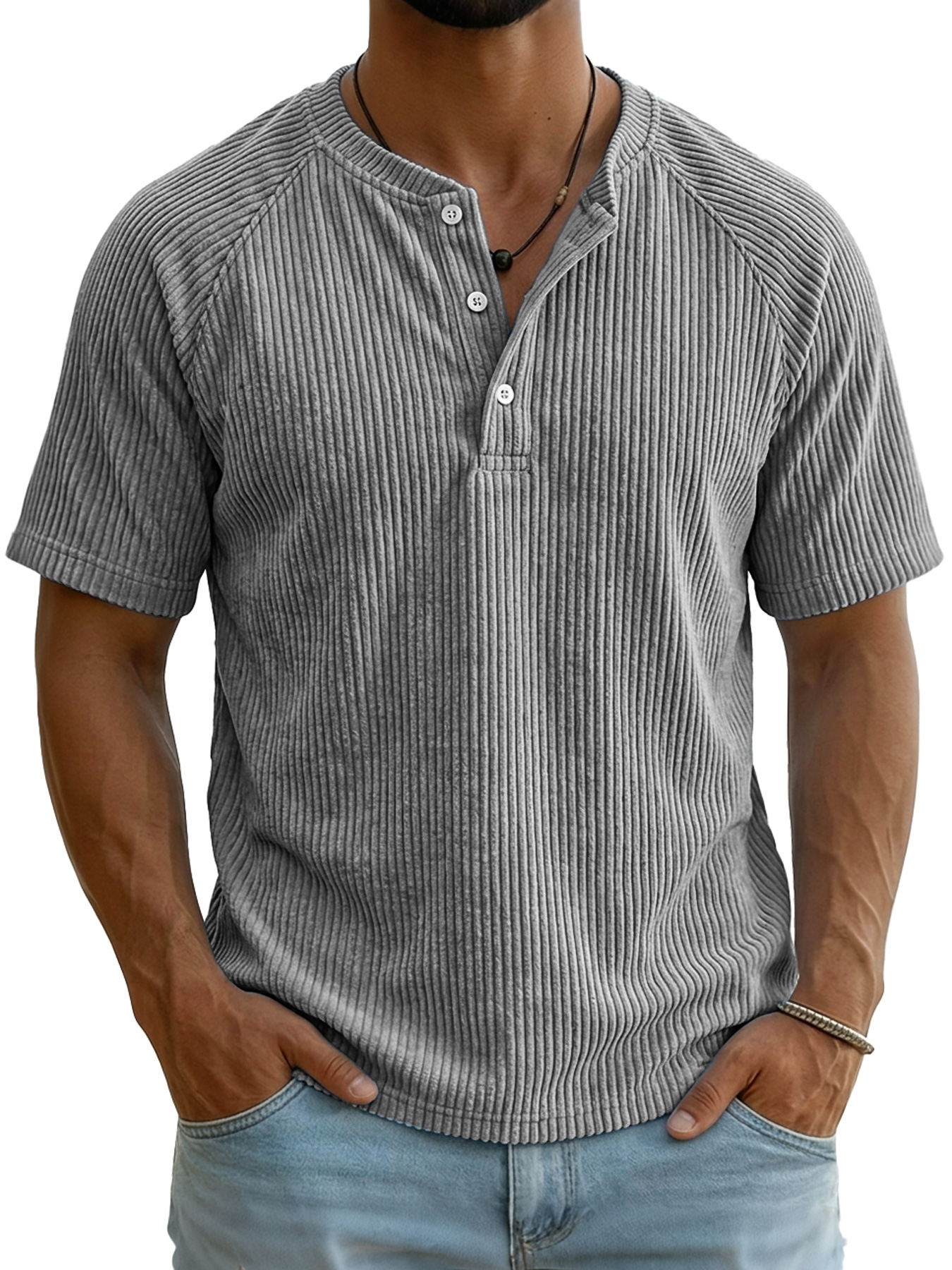 Men's Retro Corduroy Raglan Casual Short-Sleeve Henley Shirt