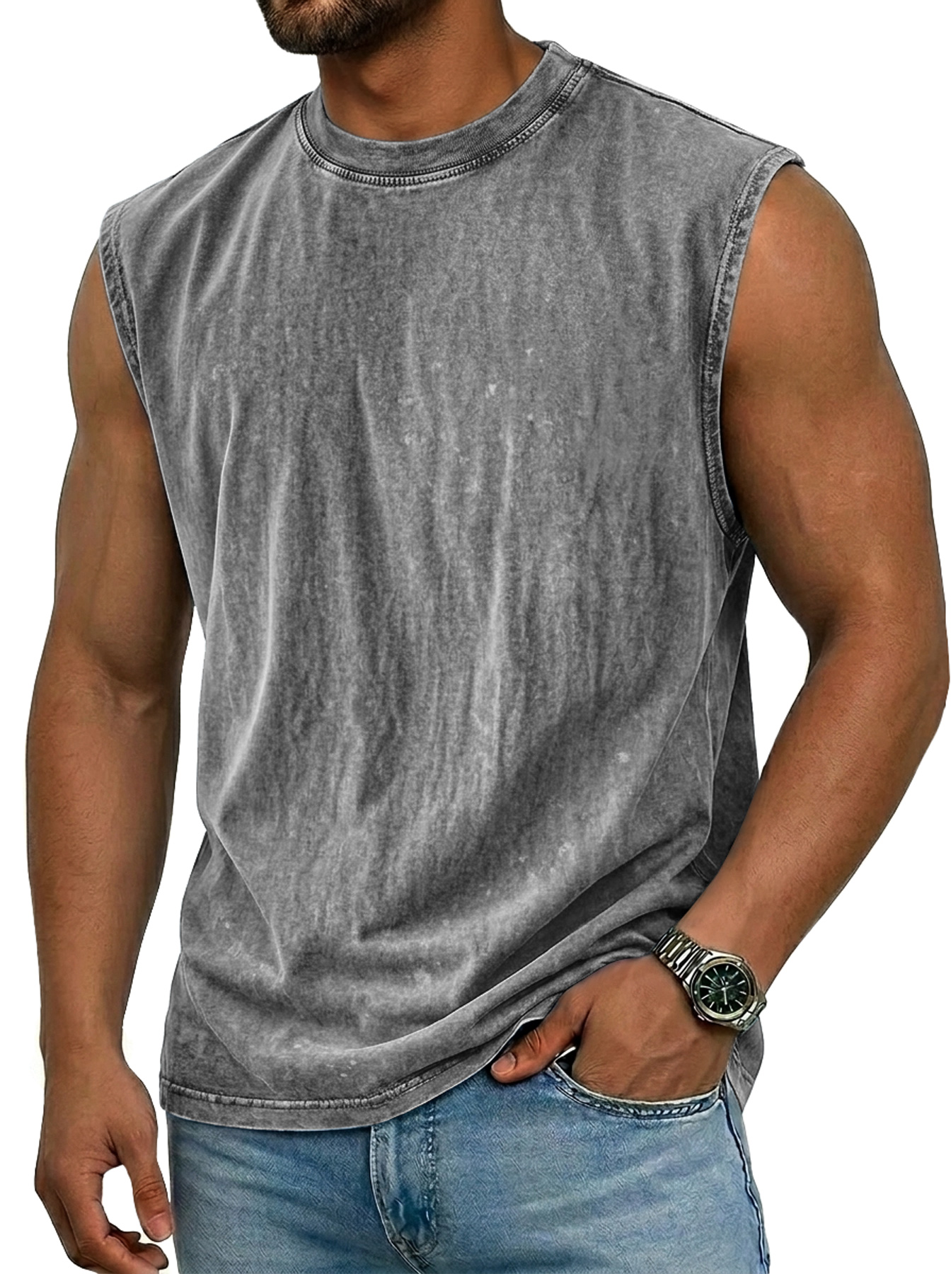 Men's 100% Washed Distressed Crew Neck Casual Sleeveless Vest