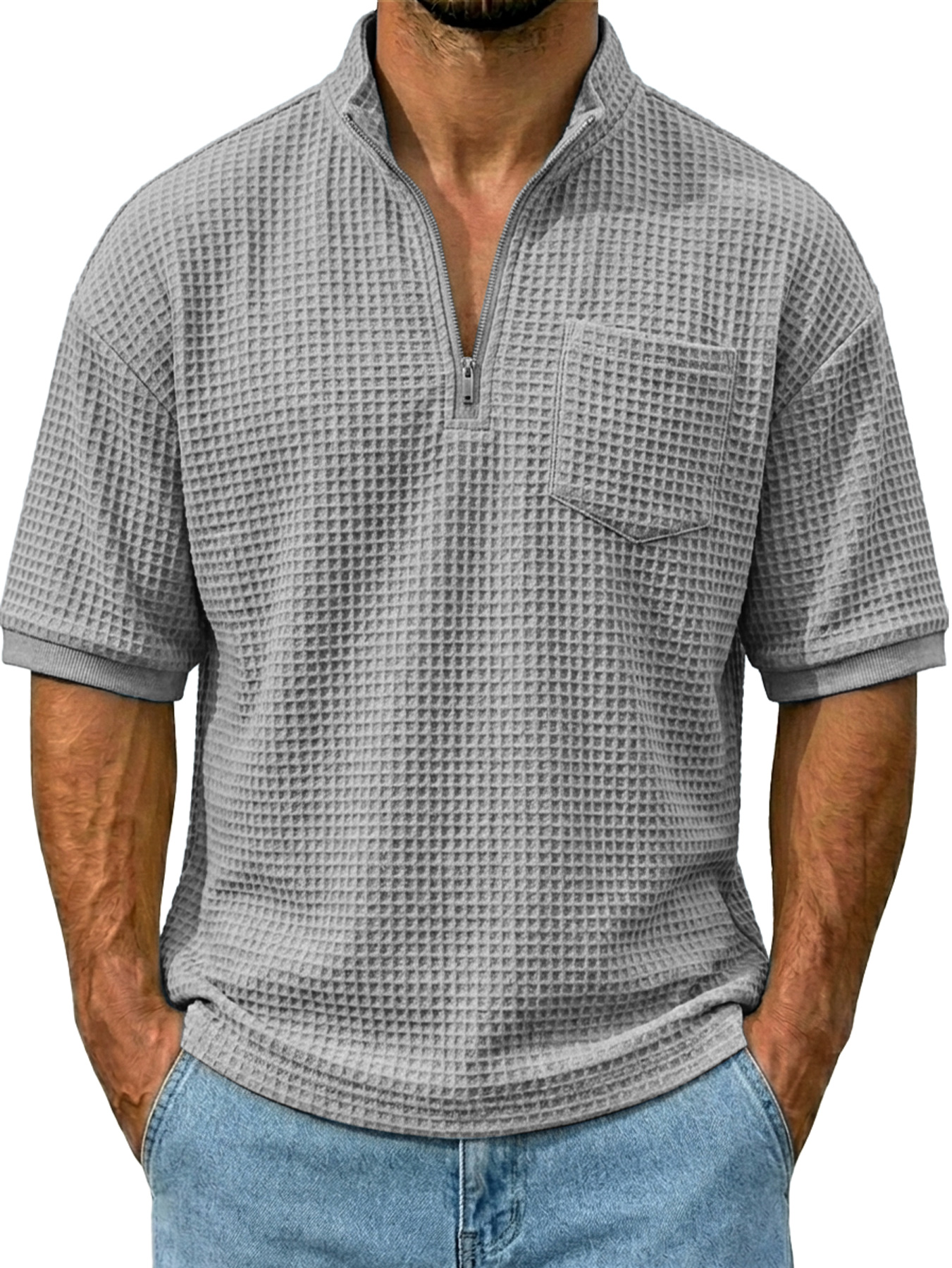 Men's Waffle Stand Collar Zipper Casual Pocket Short-sleeve T-shirt
