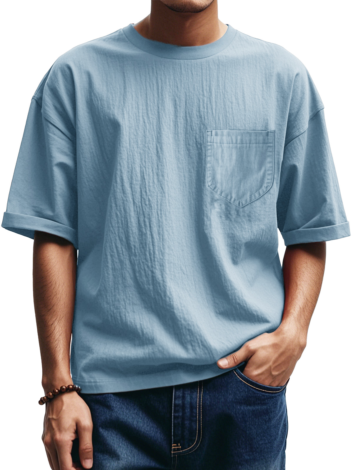 Men's Fashion Casual Pleated Round Neck Short Sleeve Pocket T-Shirt