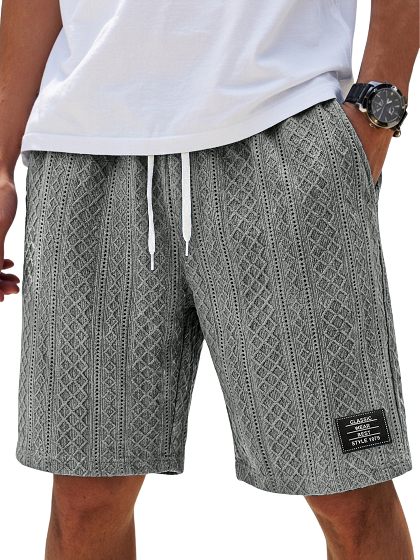 Men's Fashion Textured Embroidered Logo Elastic Waist Casual Shorts