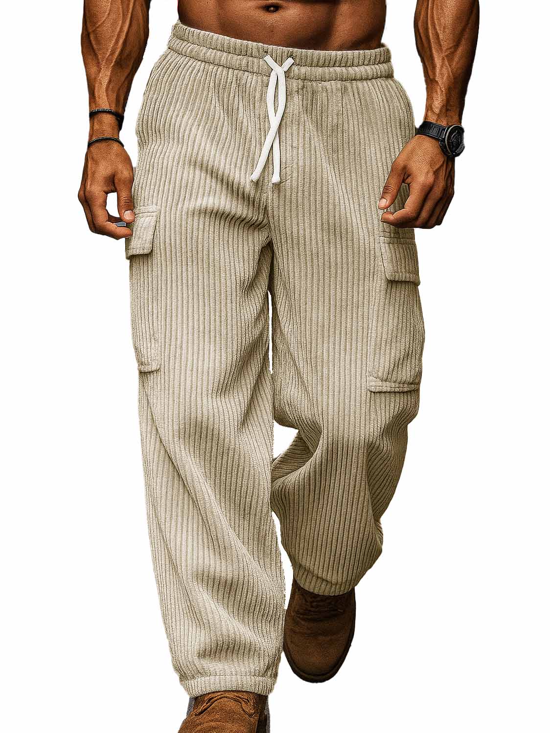 Men's Fashion Casual Workwear Pocket Corduroy Fabric Drawstring Loose Trousers