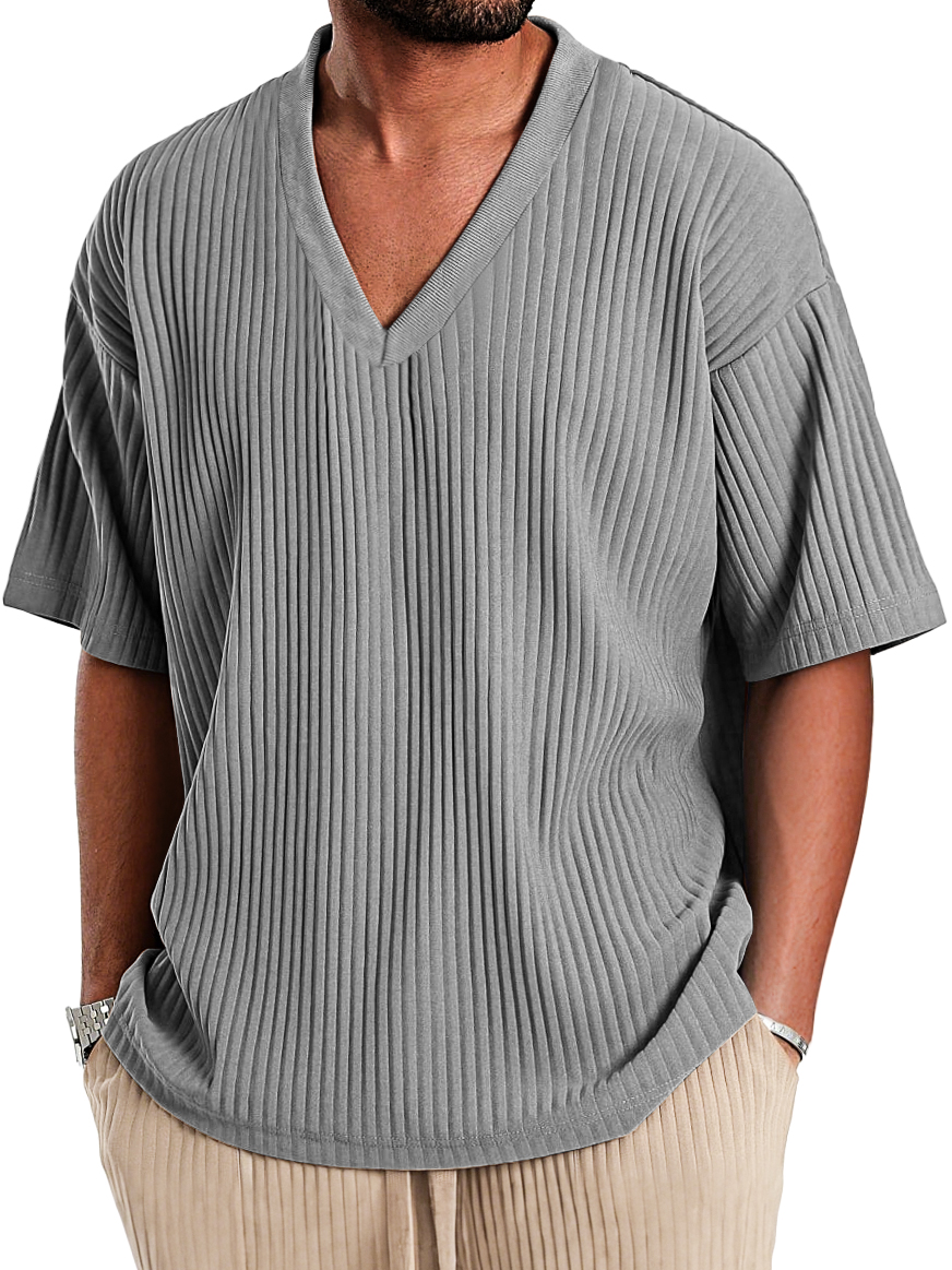 Men's Casual V-neck Ribbed Comfortable Short-sleeved T-shirt