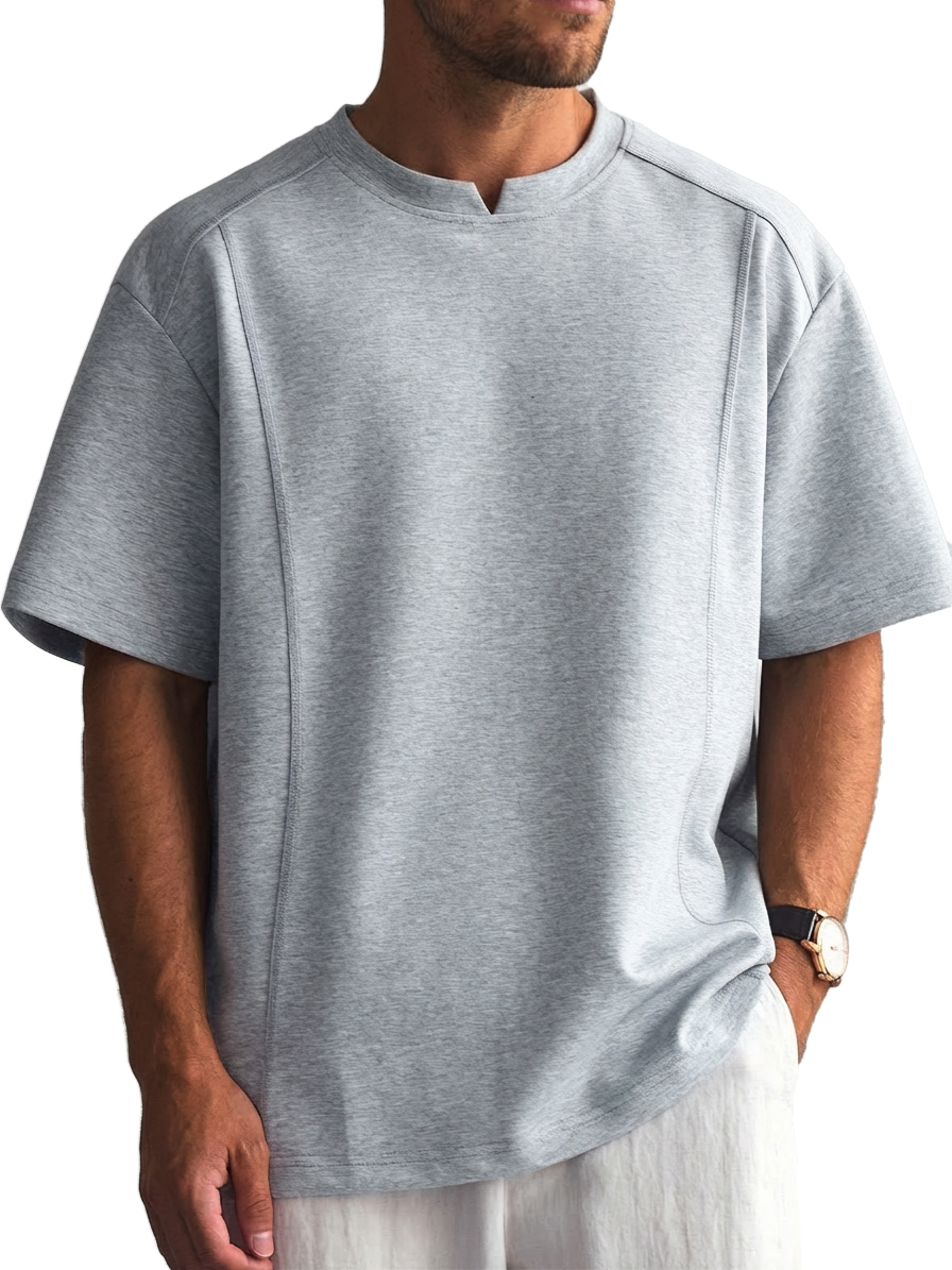 Men's Solid Color Deconstructed Short Sleeve T-Shirt with Shallow V-Neck