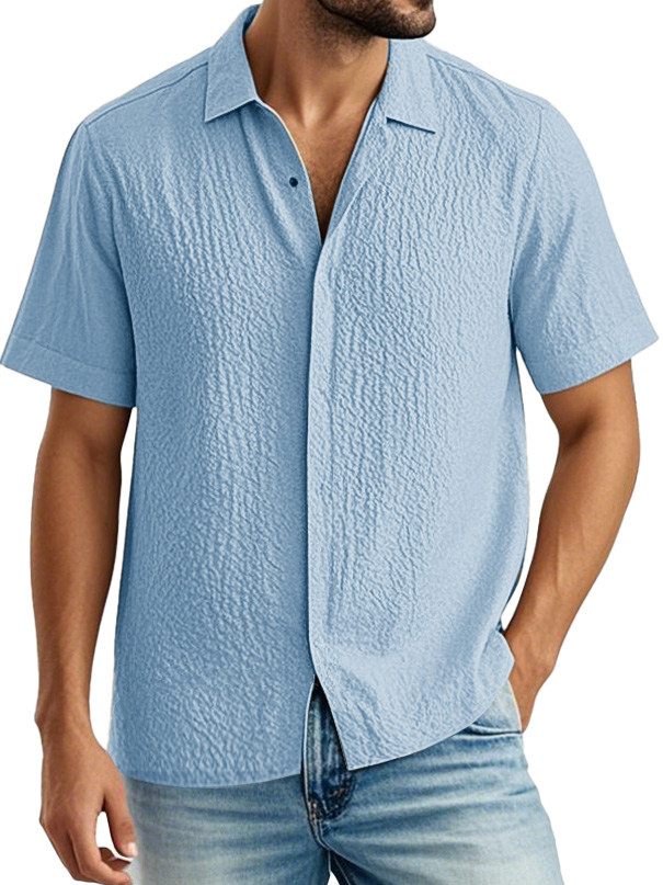Men's Fashion Casual Pleated Fabric Lapel Short Sleeve Shirt