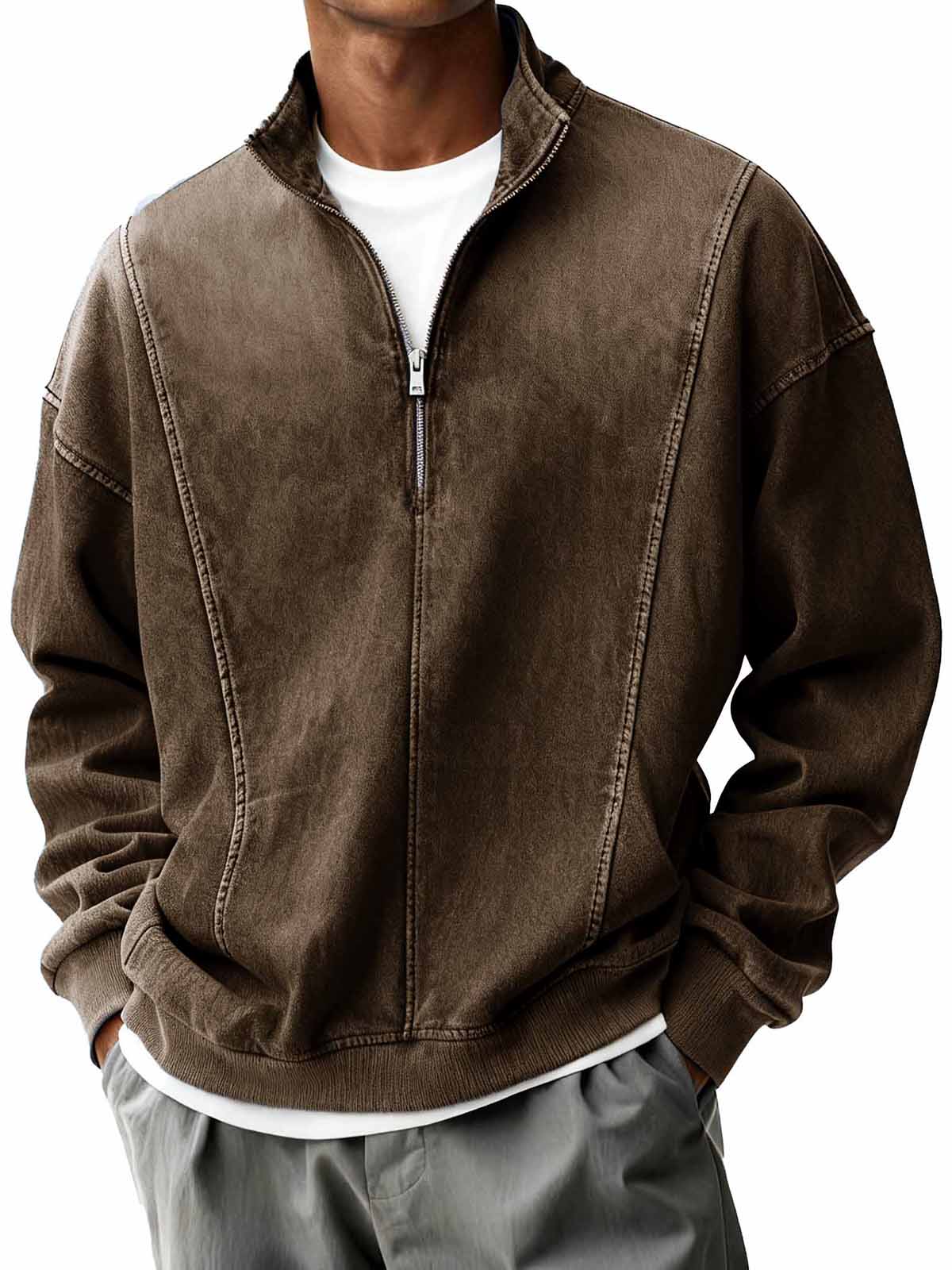 Men's Retro Fashion Patchwork Half-Zip Stand Collar Loose Long-Sleeve Sweatshirt