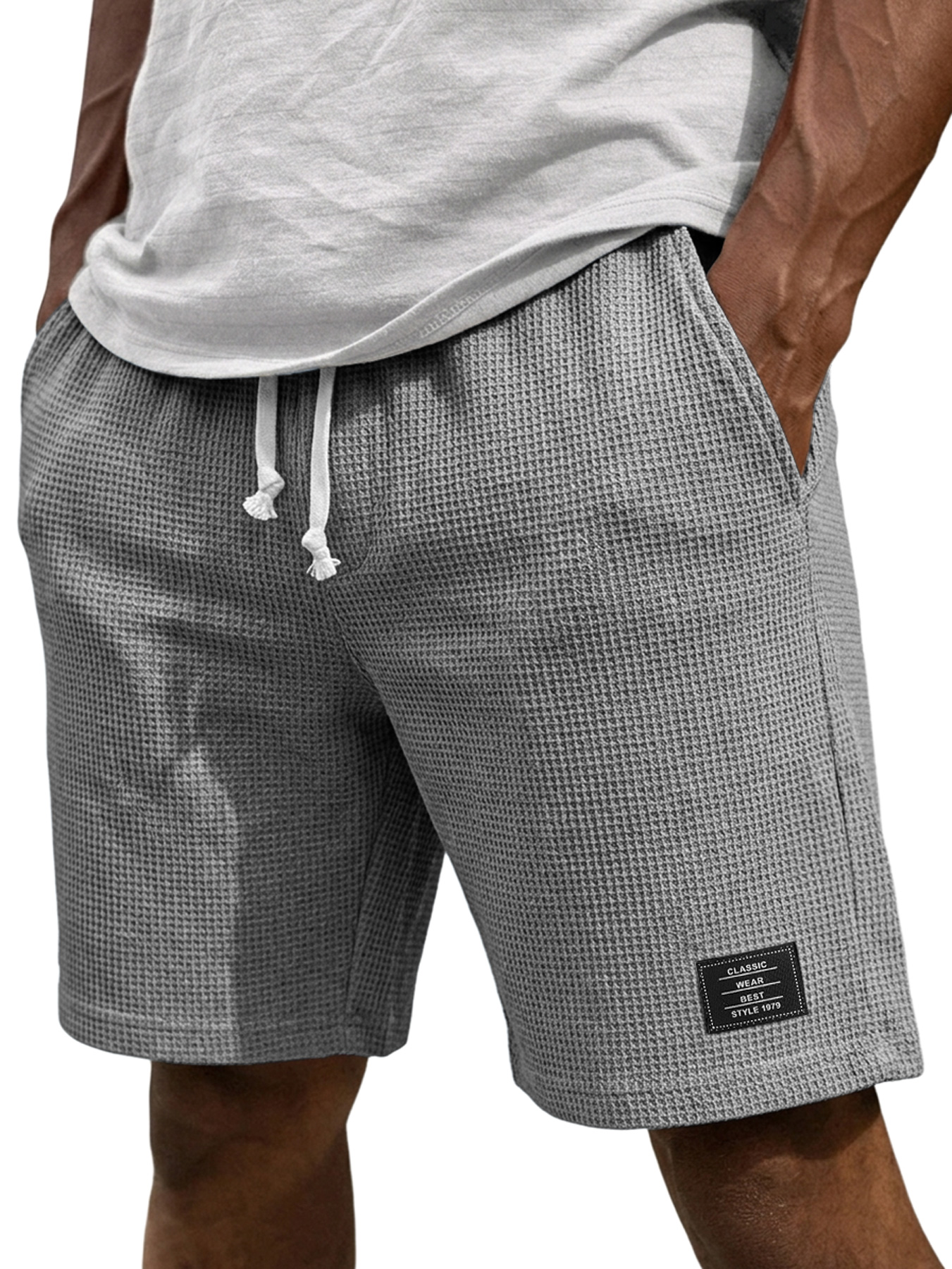 Men's Casual Waffle Embroidered Logo Elastic Waist Loose Shorts