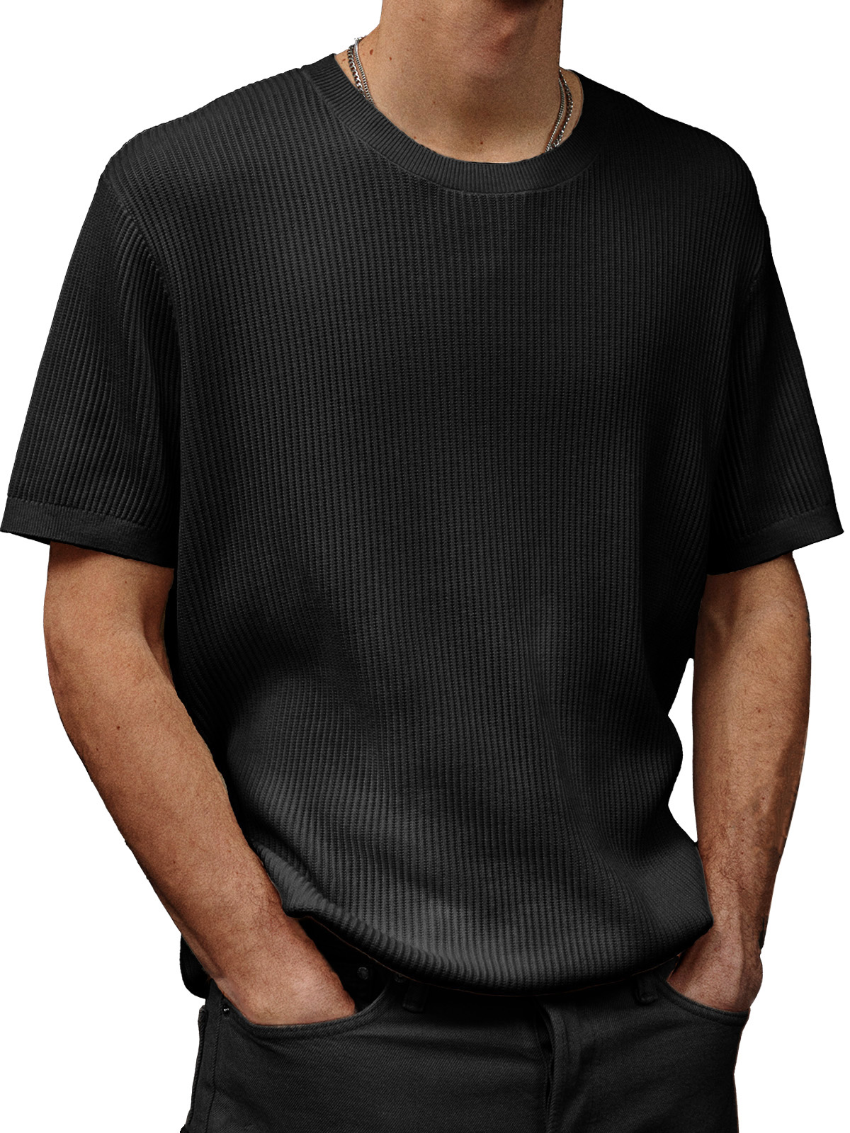 Men's Fashion Casual Waffle Fabric Round Neck Short-sleeved T-shirt