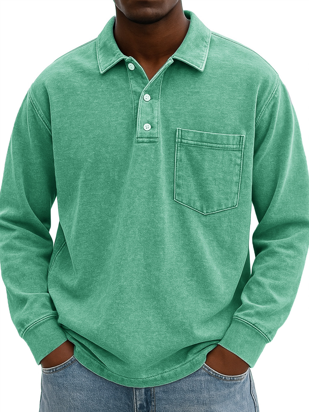 Men's Stylish Vintage Distressed Pocket Lapel Long-sleeved Polo Shirt
