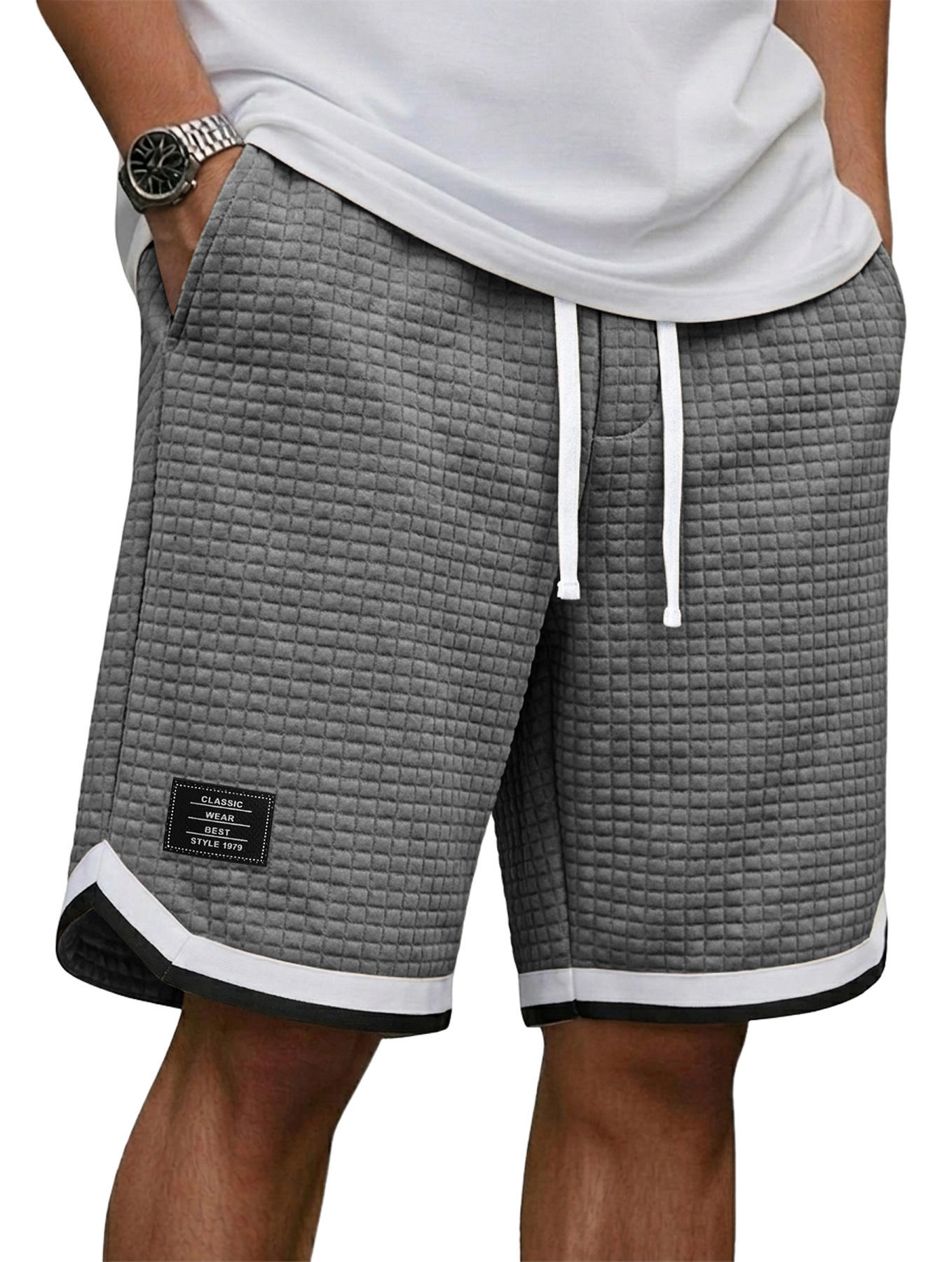Men's Casual Waffle Knit Embroidered Logo Patchwork Webbing Loose Shorts