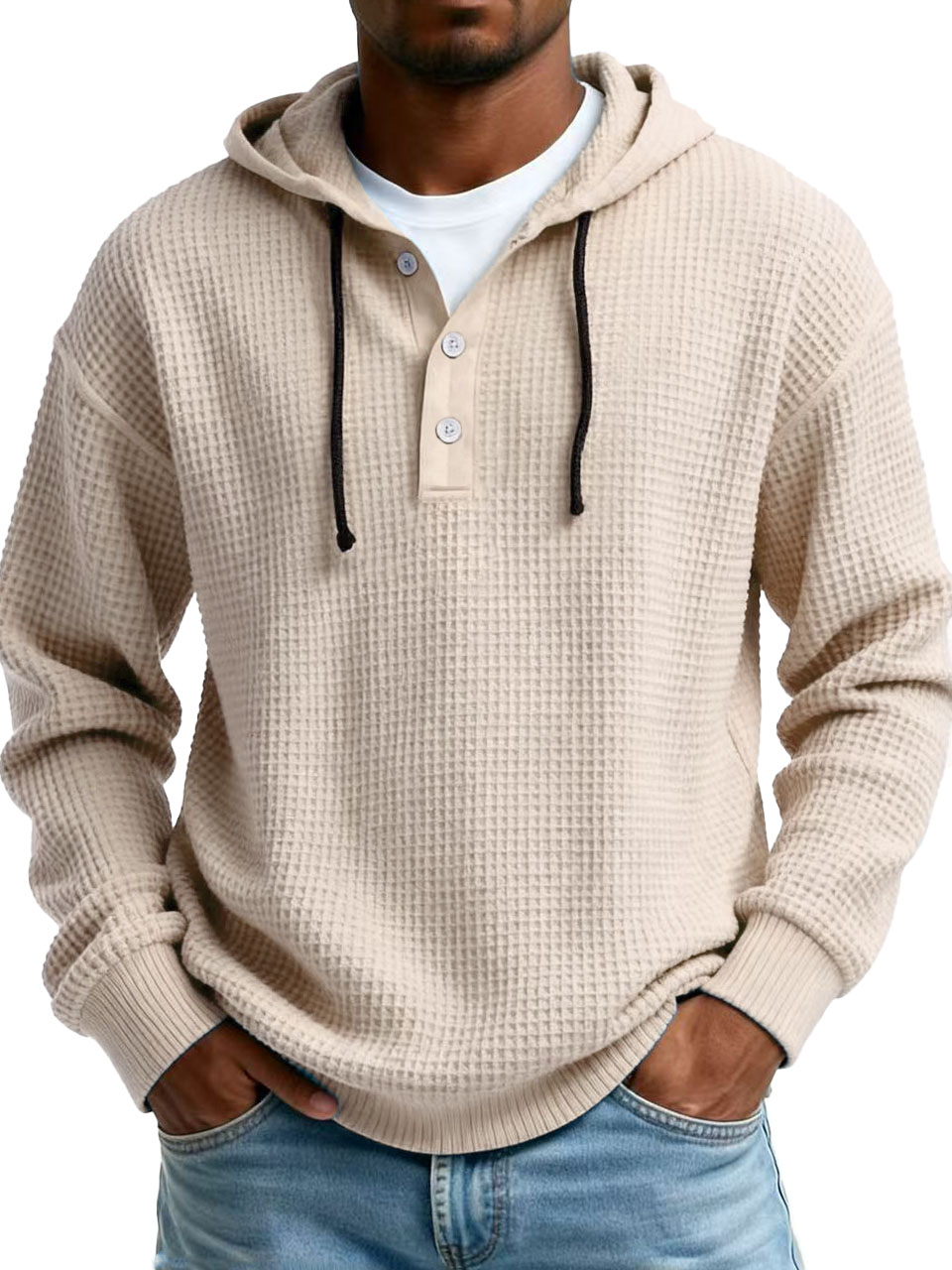 Men's Wear Fashionable Casual Waffle Fabric Buttons Hooded Long-sleeved Hoodie