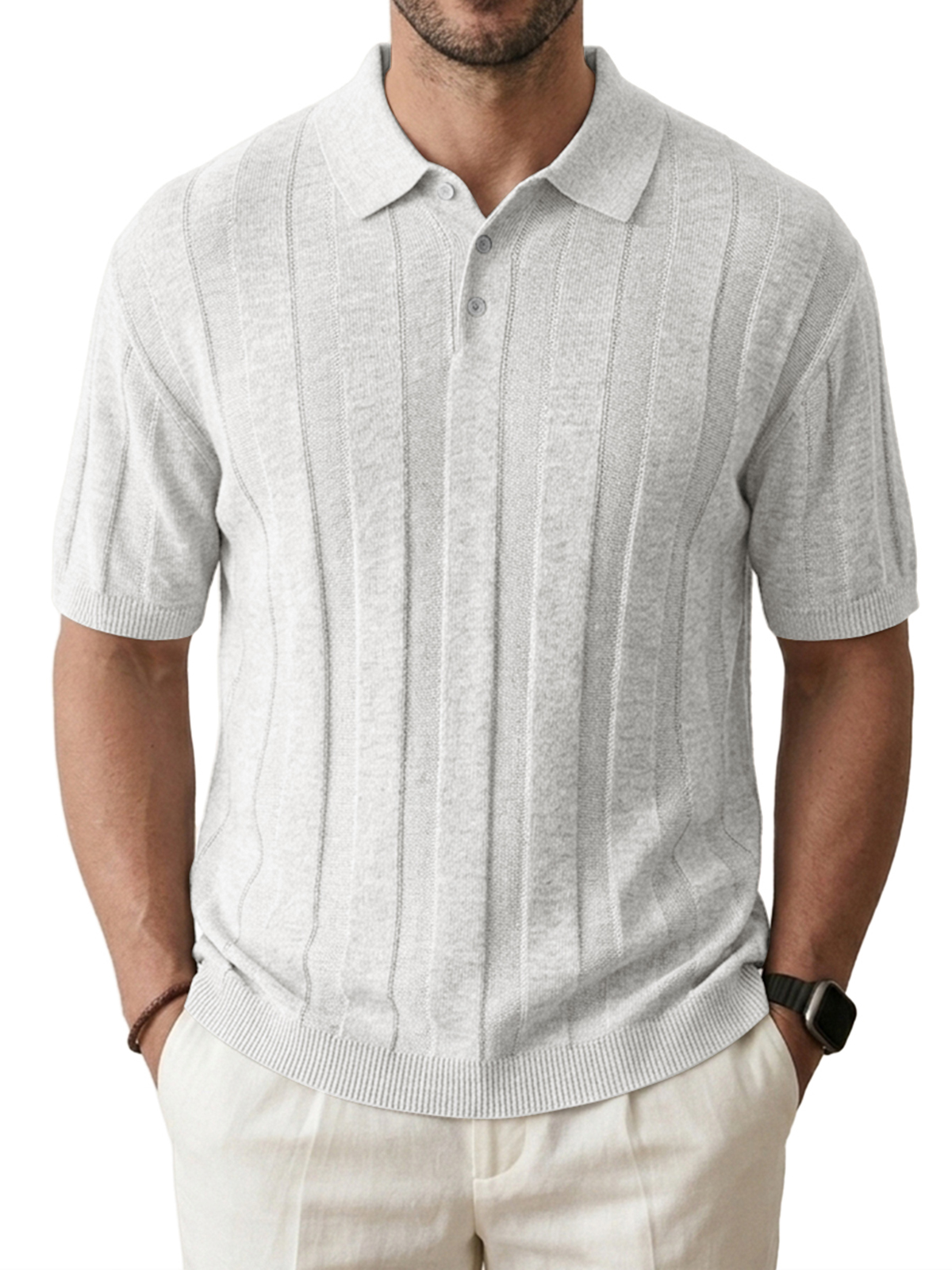 Men's Knitted Stretch Textured Striped Comfortable Short-Sleeve Polo Shirt