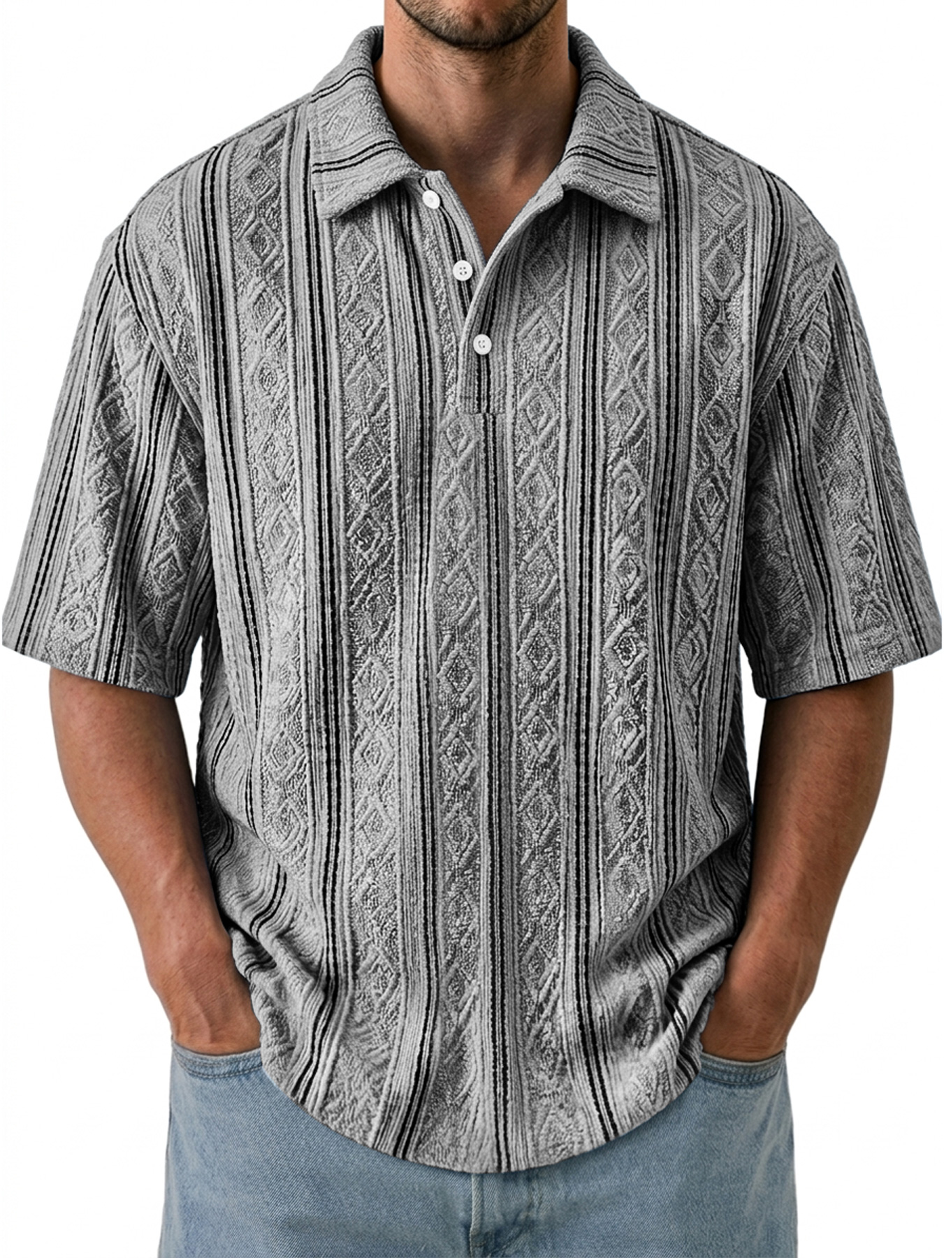 Men's Jacquard Textured Collar Button Casual Short-sleeved Polo Shirt