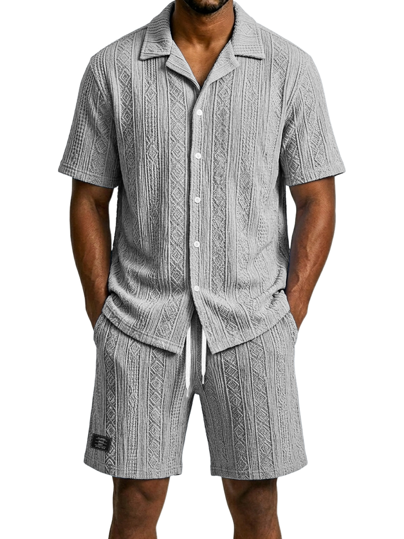 Men's Casual Jacquard Textured Solid Color Shirt and Shorts Two-Piece Set