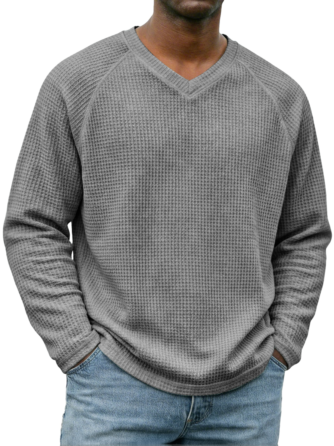 Men's Simple V-neck Raglan Sleeve Waffle Knit Casual Long-sleeved T-shirt