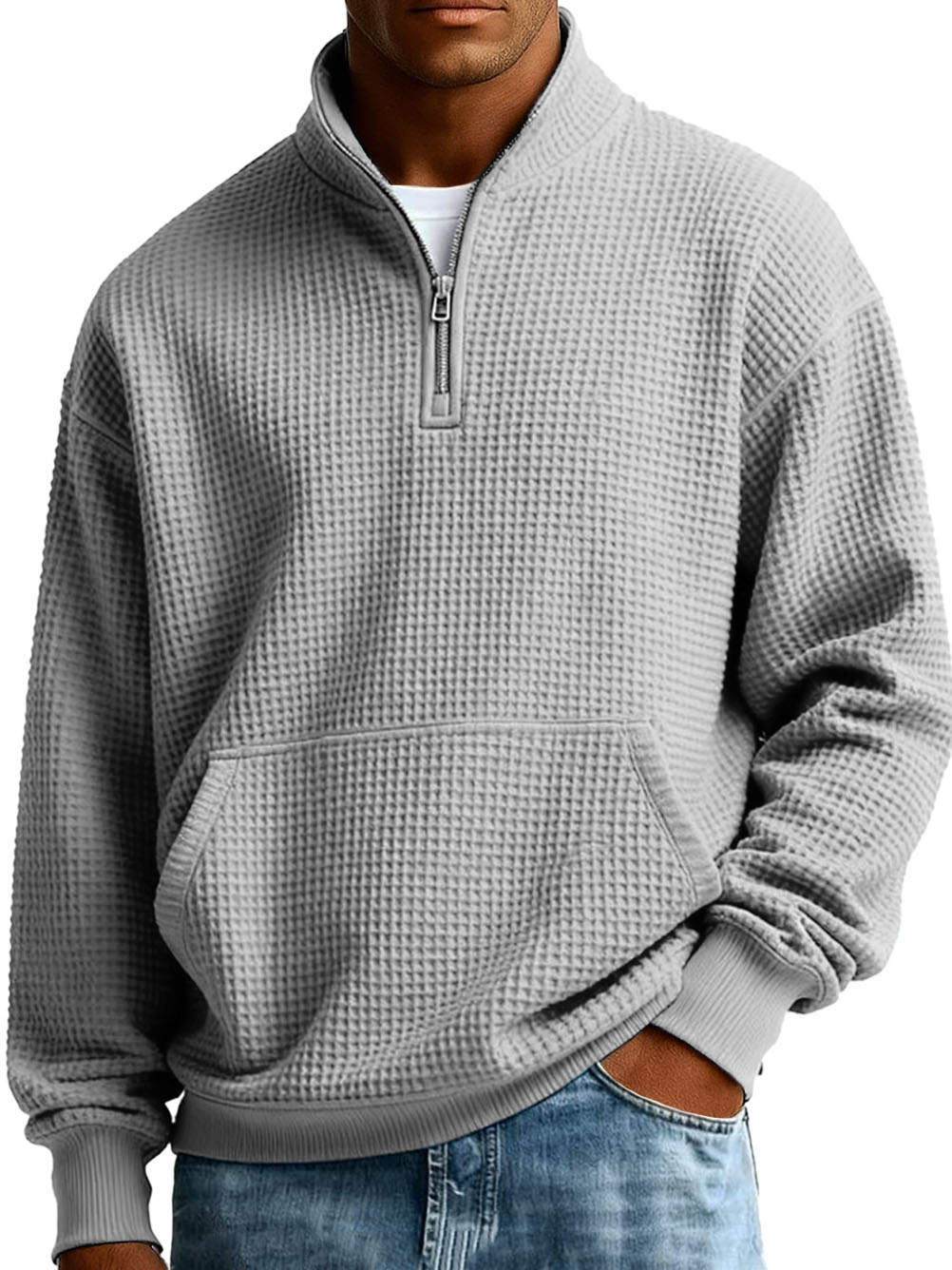 Men's Fashionable Casual Waffle Fabric Stand-up Collar Half-zip Long-sleeved Sweatshirt