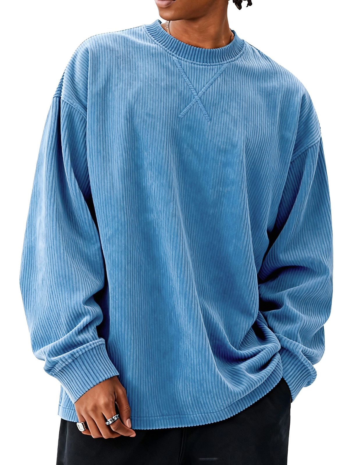 Men's fashionable casual loose round collar corduroy fabric long-sleeved T-shirt