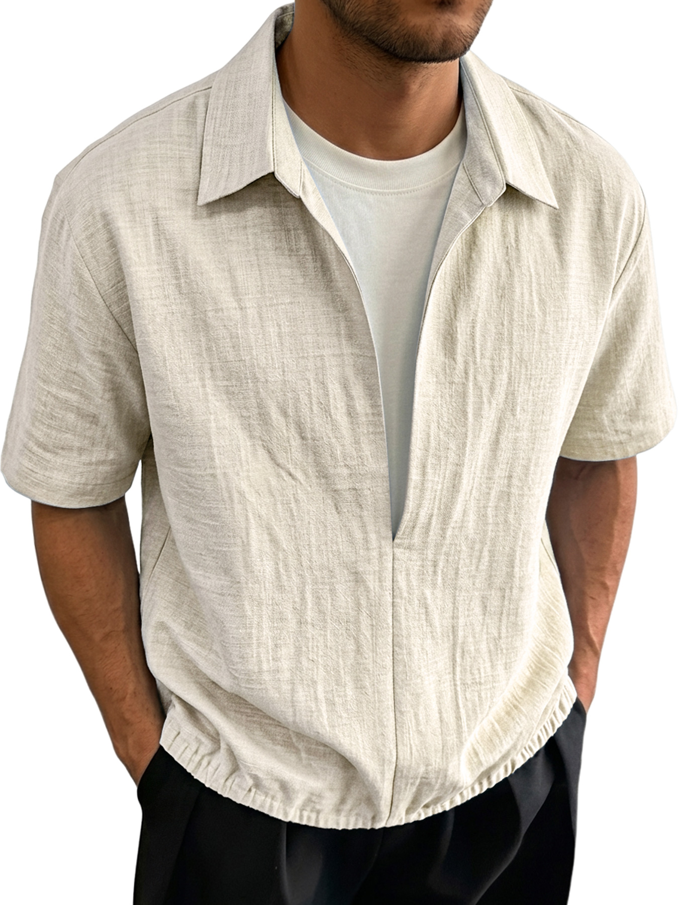 Men's Linen-style Collared Faux Two-piece Casual Comfortable Short-sleeved Polo Shirt