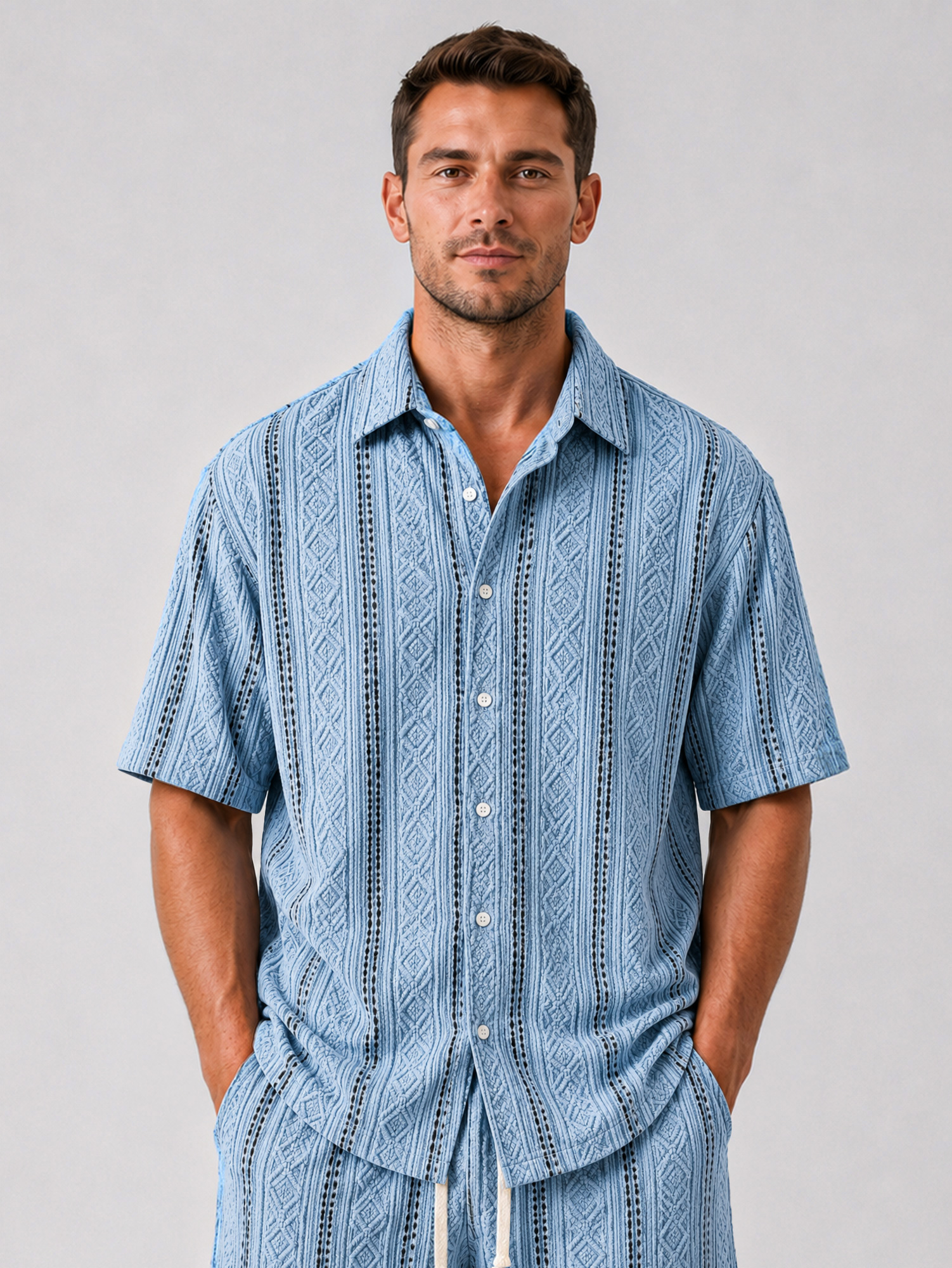 Men's Casual Jacquard Textured Solid Color Shirt and Shorts Two-Piece Set