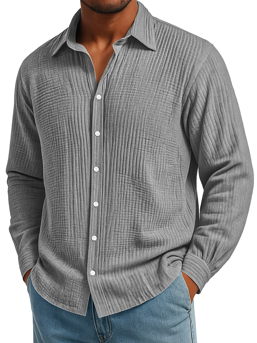 Men's Daily Pleated Texture Loose Casual Solid Color Long-sleeved Shirt