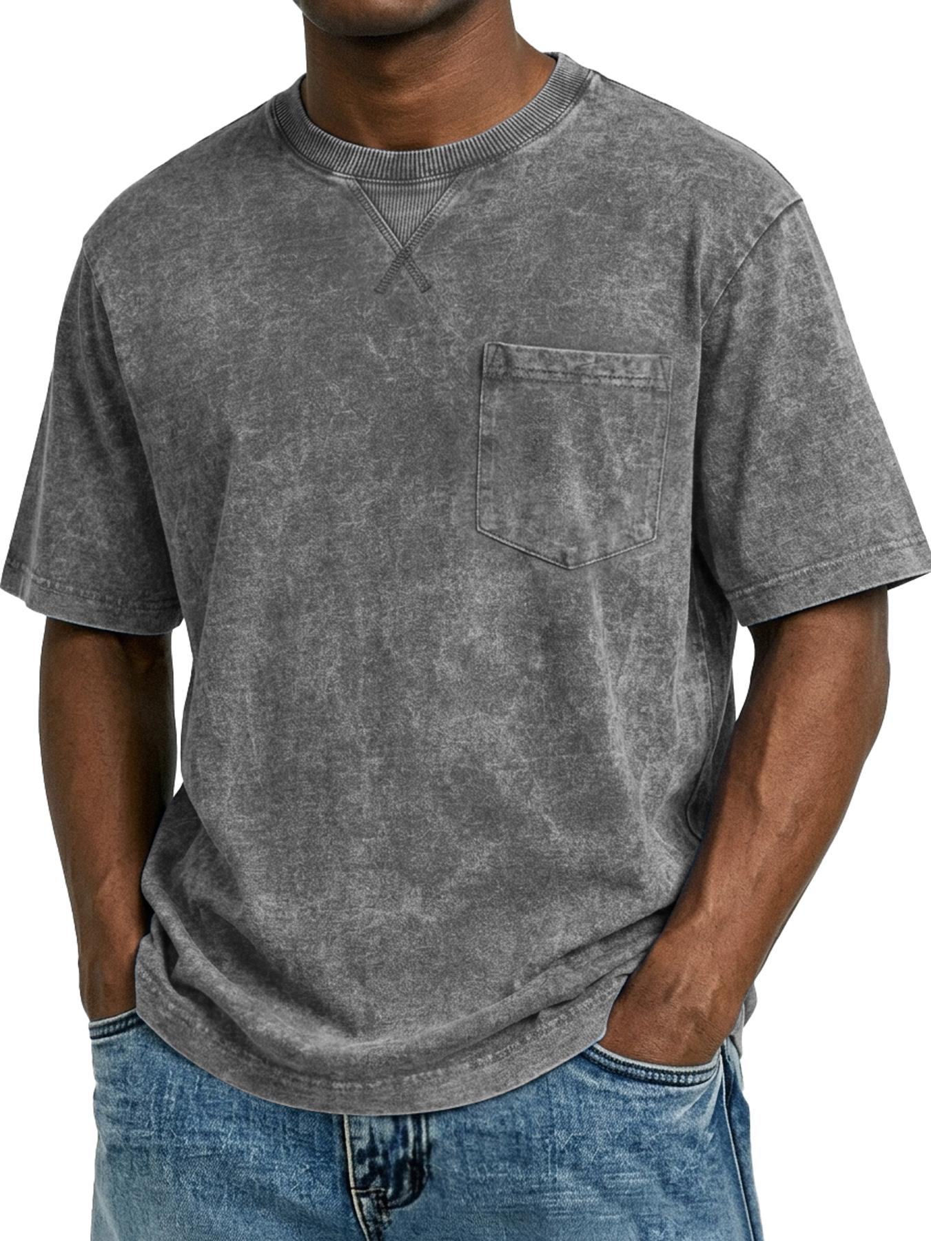 Men's Retro Cross-Strip Design Casual Crew Neck Pocket Short-Sleeve T-Shirt