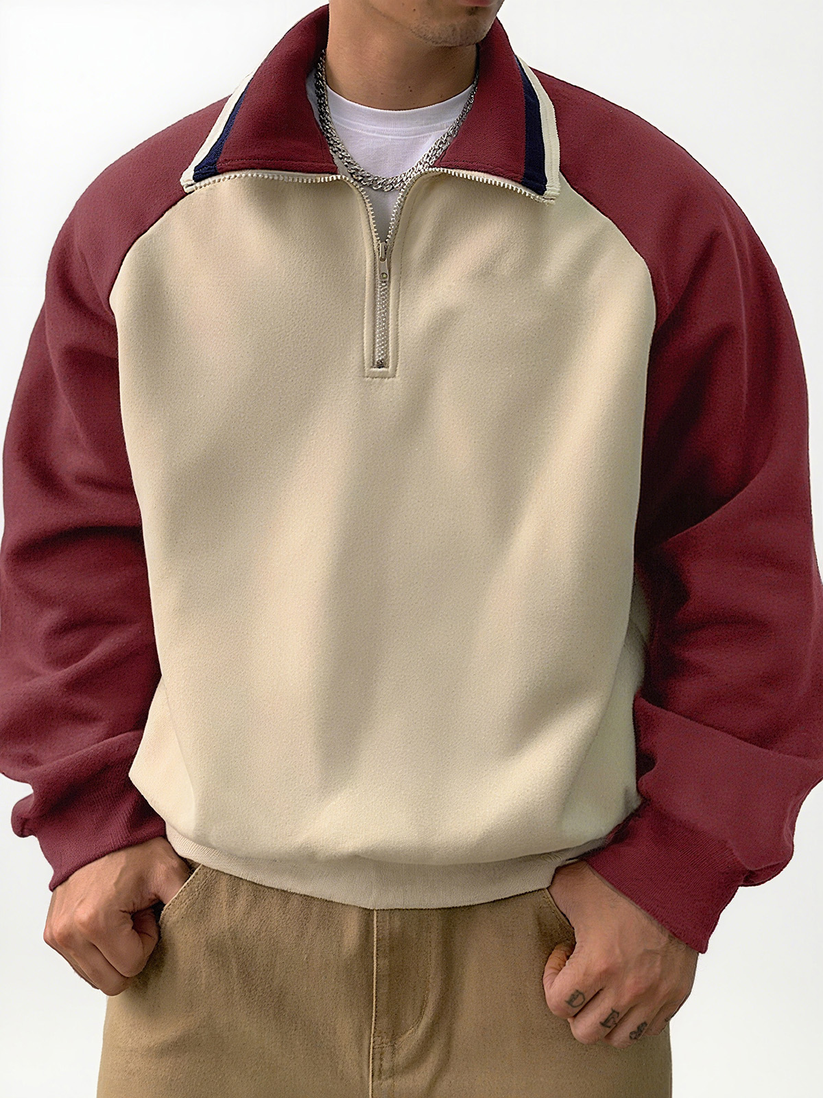 Men's Stylish Retro Patchwork Zippered Loose-fitting Long-sleeved Sweatshirt