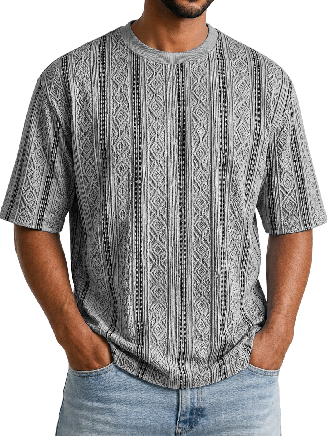 Men's Solid-Color Short-Sleeve Crew-Neck T-Shirt with Jacquard Texture
