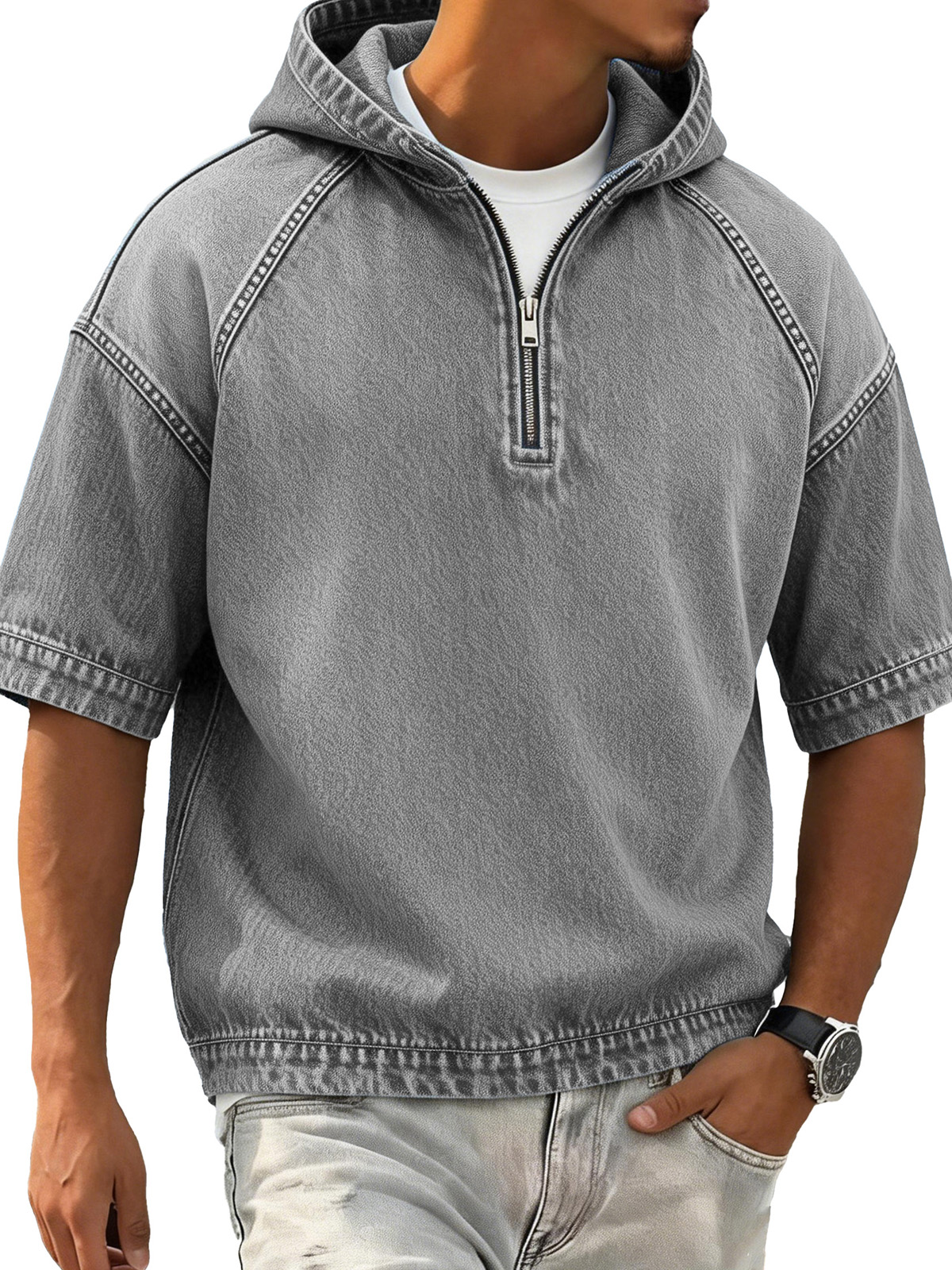 Men's Retro Distressed Raglan Short-Sleeve Sporty Hoodie