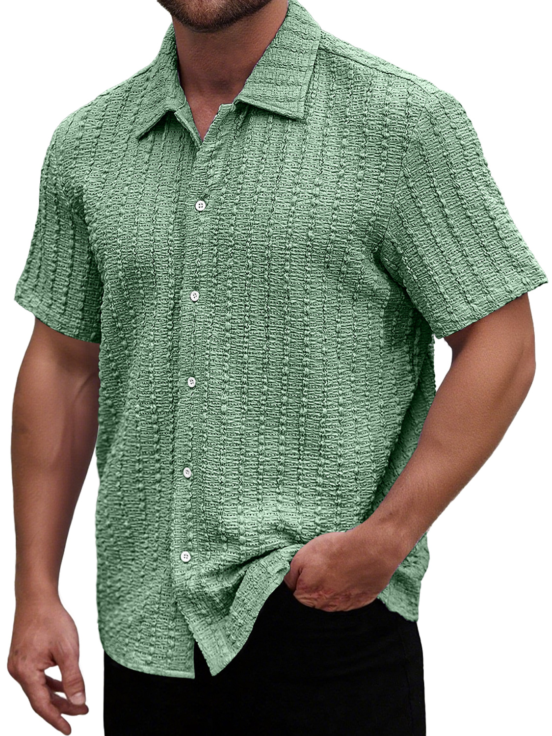 Men's Casual Textured Lapel Solid Color Short-sleeved Shirt