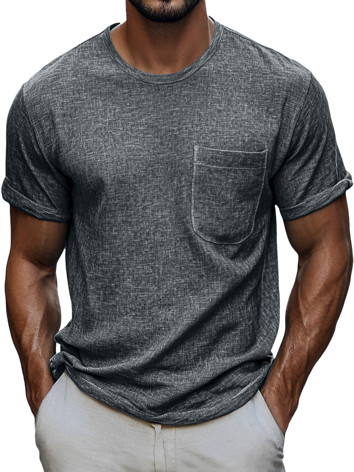Men's Daily Round Neck Pocket Casual Comfortable Solid Color Short Sleeve T-shirt