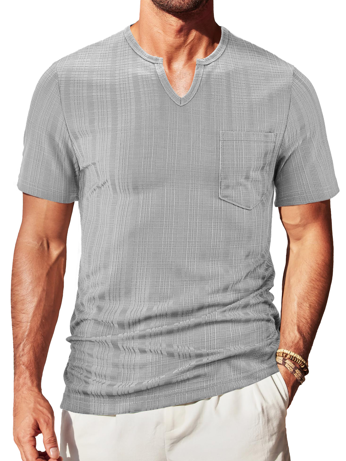 Men's V-neck Textured Pocket Solid Color Short-sleeved T-shirt