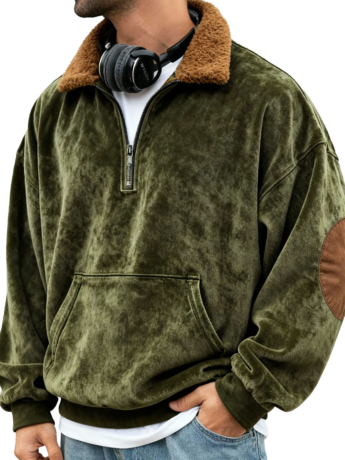 Men's Retro Patchwork Stand Collar Plush Pocket Stand Collar Zipper Sweatshirt