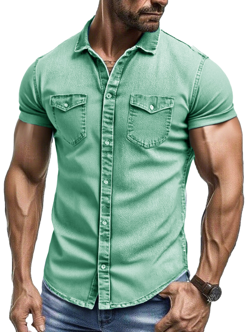Men's Fashion Retro Workwear Outdoor Double Pocket Lapel Short-sleeved Shirt