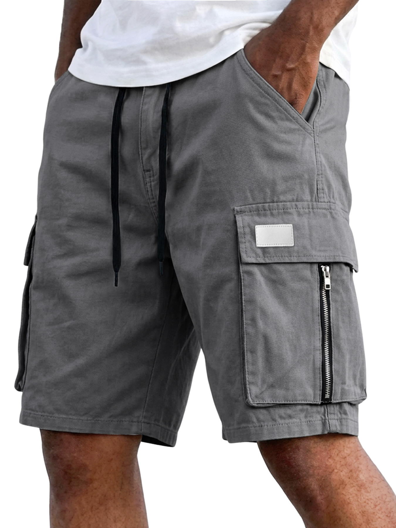 Men's Casual Multi-Pocket Zipper Embroidered Logo Loose-fitting Cargo Shorts