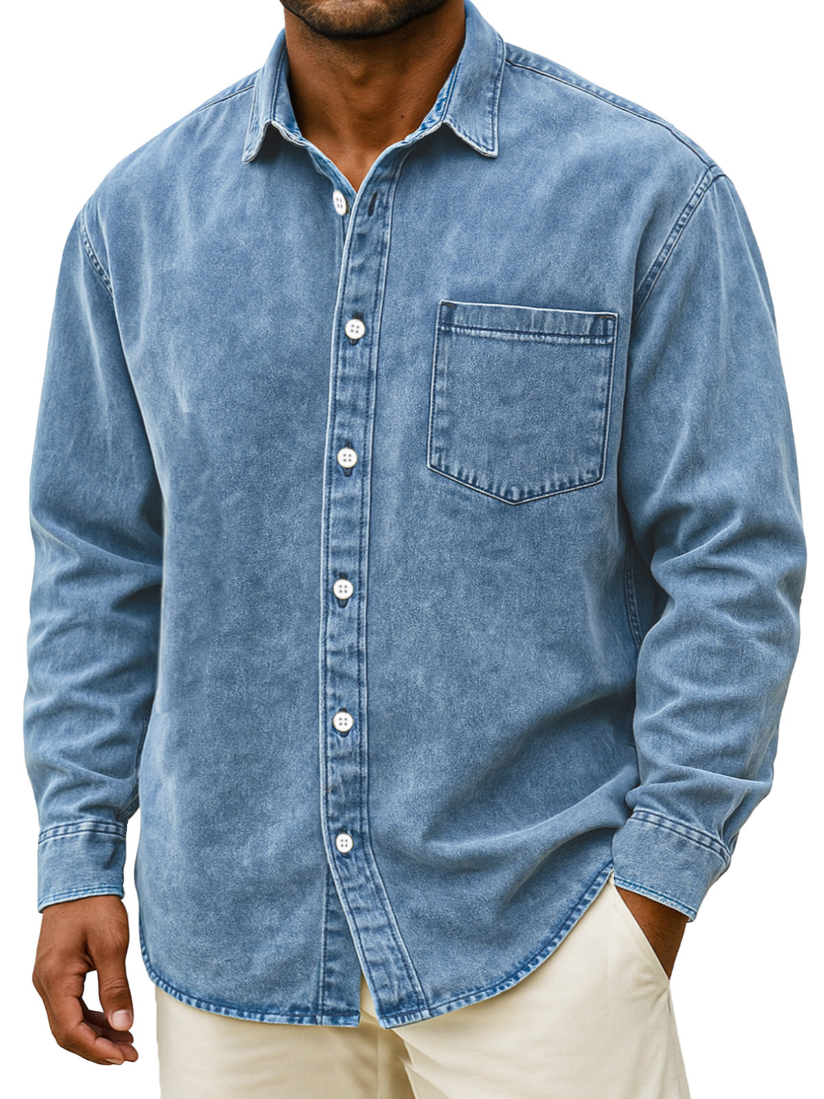 Men's Retro Solid Color Loose Long Sleeve Shirt