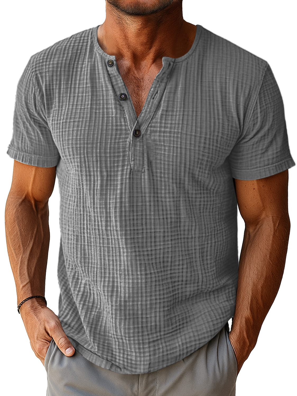 Men's Retro Everyday Pleated Texture Button Solid Color Short Sleeve Henley Shirt